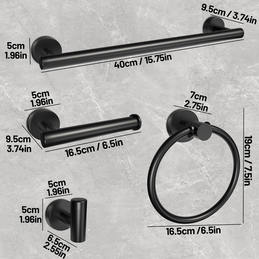 Matte Black Bathroom Accessories 4 Pieces, 16 Inch Stainless Steel Towel Bar Set, Towel Bar, Towel Ring Holder, Toilet Paper Holder, Wall Hook, Black Bathroom Towel Rack Set