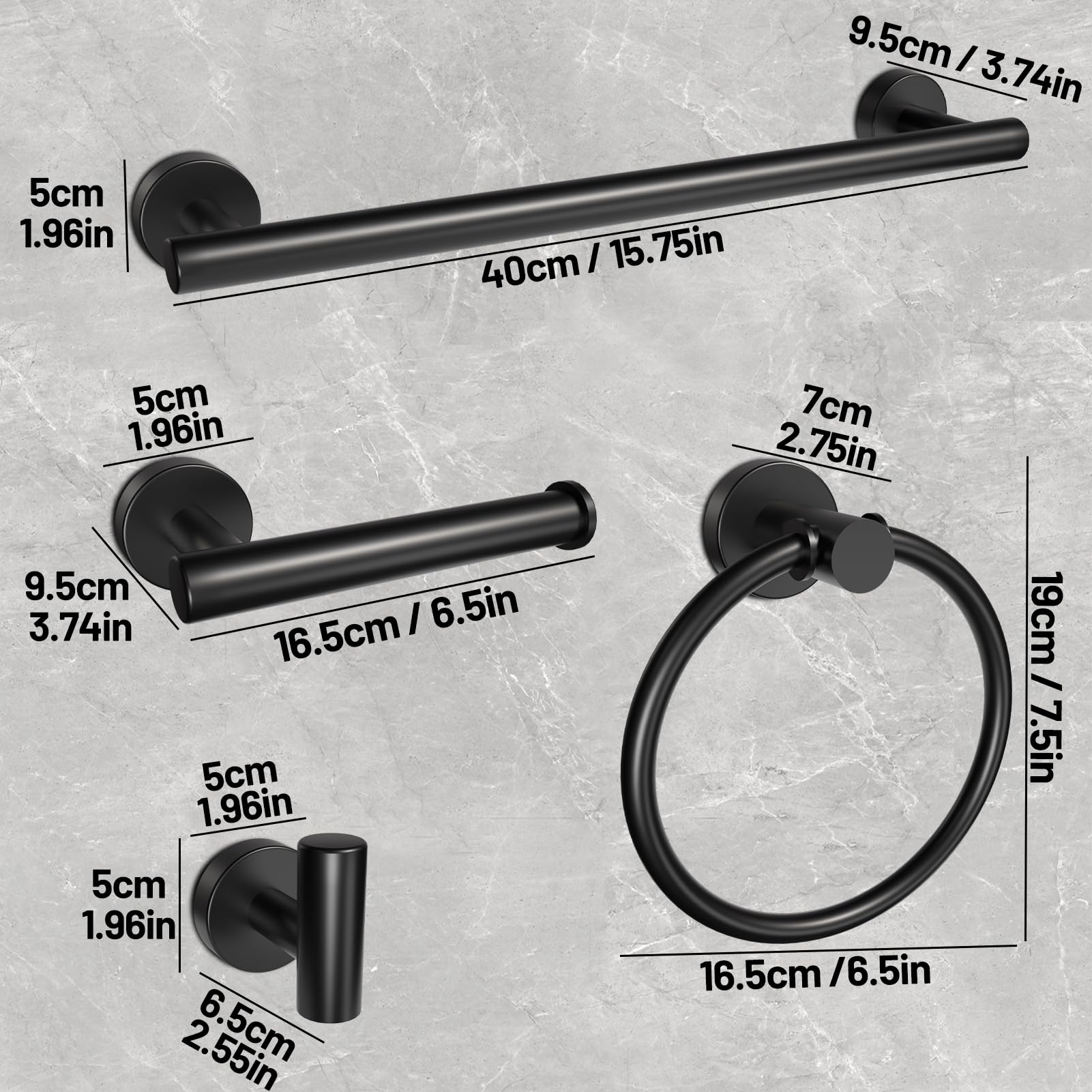 Matte Black Bathroom Accessories 4 Pieces, 16 Inch Stainless Steel Towel Bar Set, Towel Bar, Towel Ring Holder, Toilet Paper Holder, Wall Hook, Black Bathroom Towel Rack Set