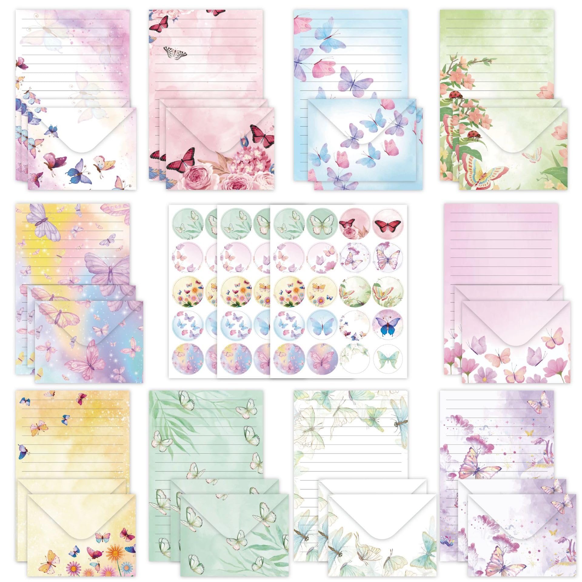 160 Pcs Watercolor Stationery Paper and Envelopes Set, 50 Pcs Butterfly Letter Writing Paper 50 Pcs Matching Envelopes Flower Lined Stationary Paper for Party Girls Office School Supplies