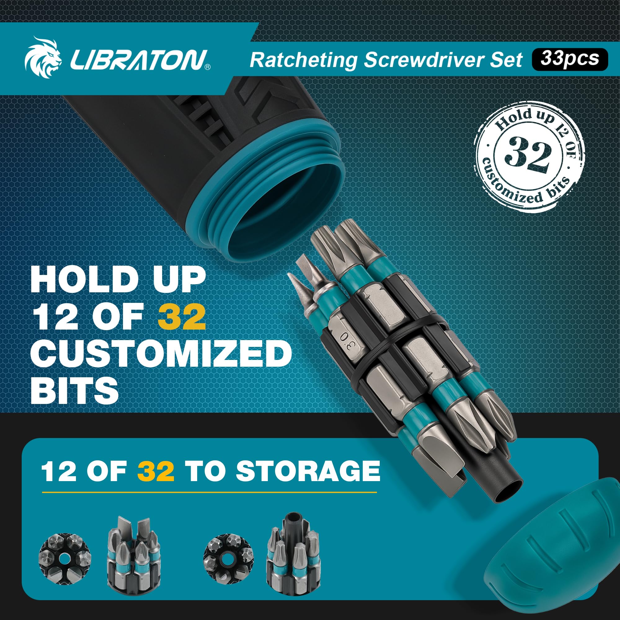 LIBRATON Ratcheting Screwdriver Set, Multi-bit Screwdriver Tool, 33-in-1 Magnetic Ratchet Screw Driver, Slotted/Philips/Pozi/Torx/Hex/Square Bits, Ergonomic Handle for Home, Auto & DIY