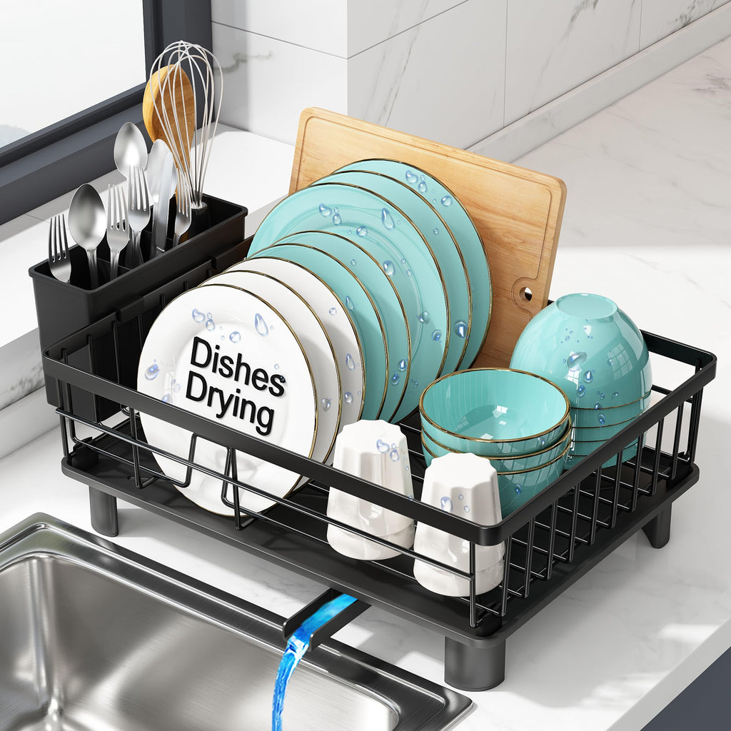 MAJALiS Stainless Steel Dish Drying Rack with Drain Board for Kitchen Counter, Rust Proof Small Dish Drainer with Drainage, Black Iron Dish Storage Organizer, Cutlery Holder and Extra Dryer Tray