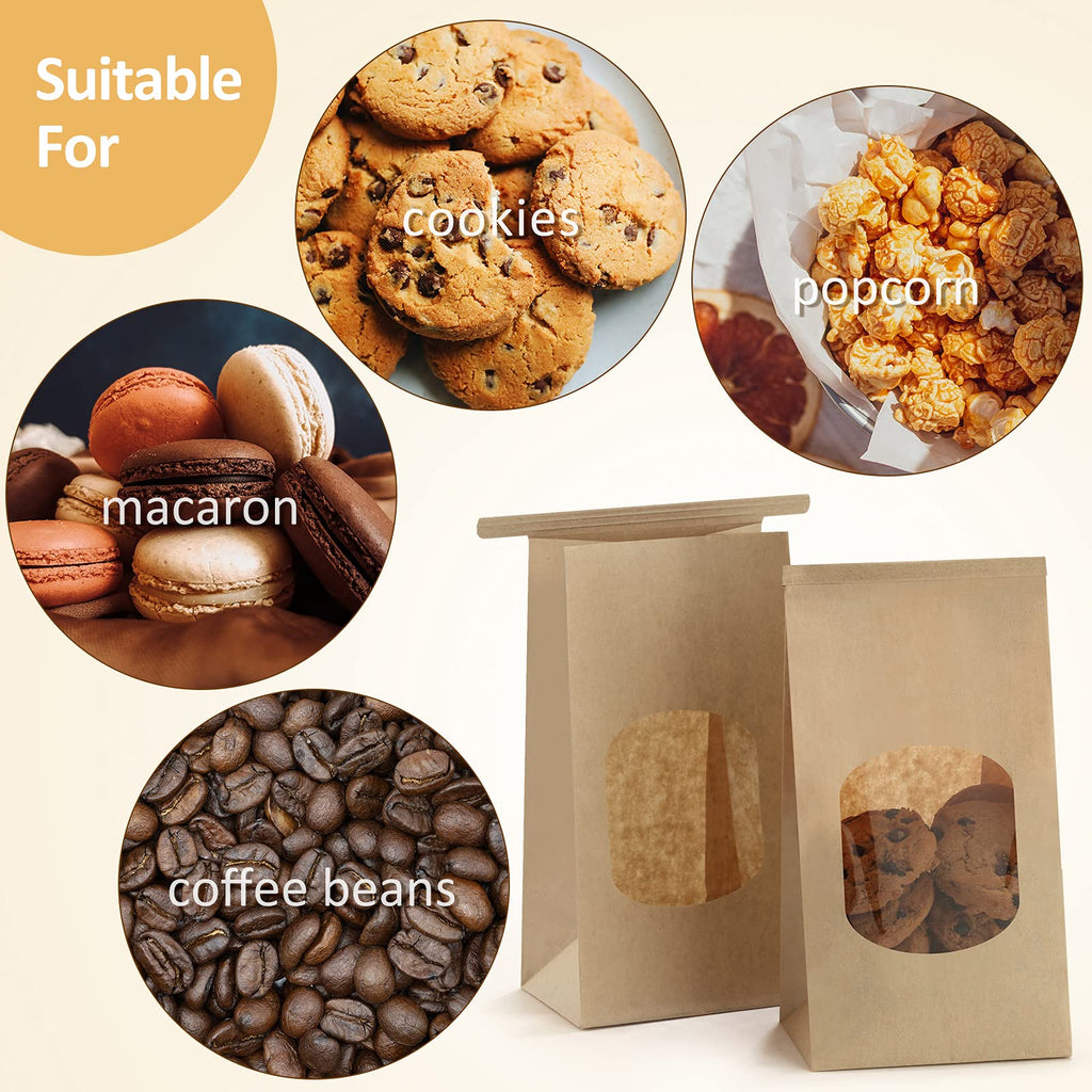 BagDream Cookie Bags 50Pcs 3.54x2.36x6.7 Inches Brown Kraft Paper Bags with Window Tin Tie Tab Lock Recyclable Treat Bags for Coffee Bean Bread Muffin Popcorn Party Wedding