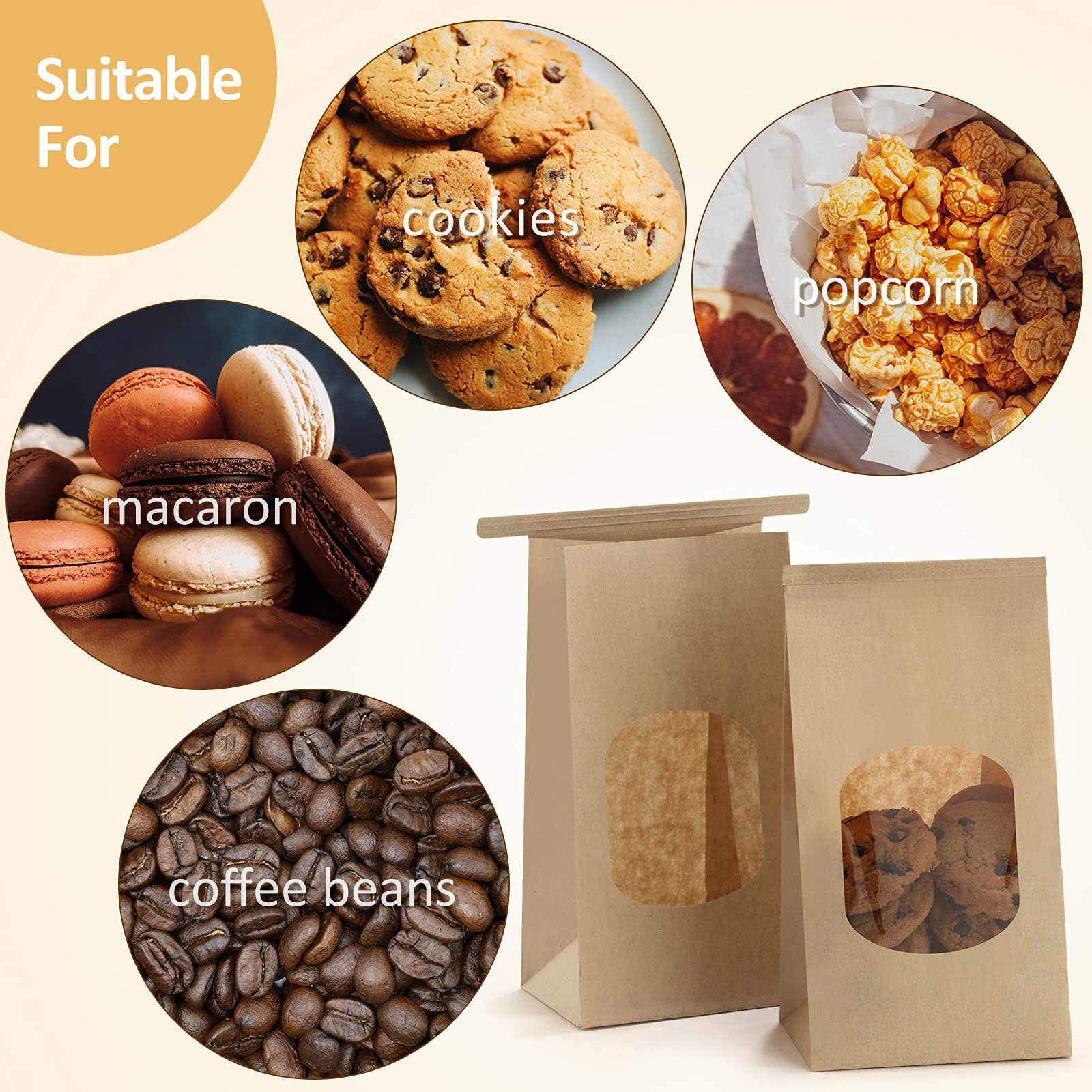 BagDream Cookie Bags 50Pcs 3.54x2.36x6.7 Inches Brown Kraft Paper Bags with Window Tin Tie Tab Lock Recyclable Treat Bags for Coffee Bean Bread Muffin Popcorn Party Wedding