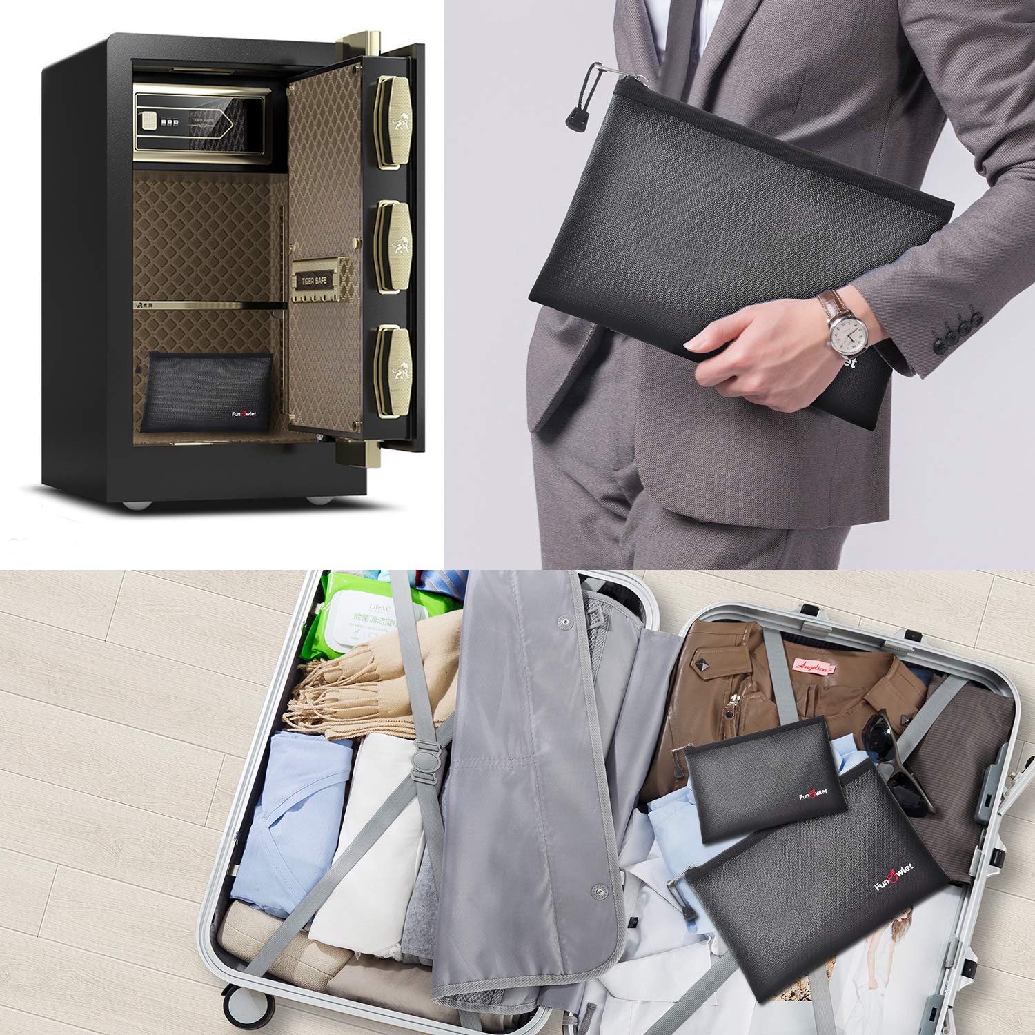 Fireproof Safe Money Document Bags - 2 Pack 13.4" x 9.8" and 10.6" x 6.7" Waterproof Zipper Bag, Fire & Water Resistant Storage Organizer Pouch for A4 A5 Documents Holder,File,Cash,Passport (Black)
