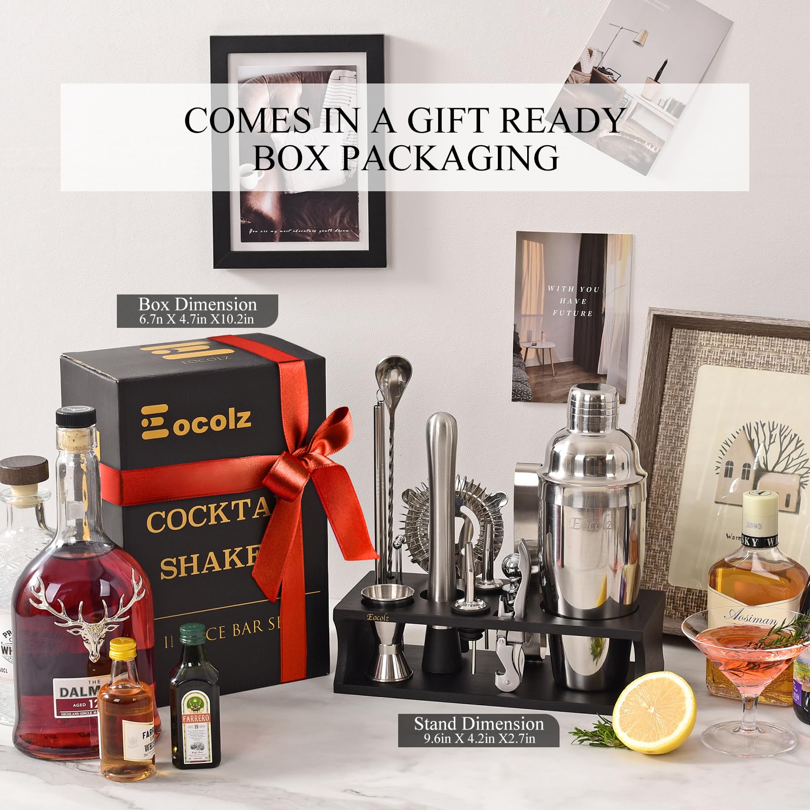 Bartender Kit with Stand Cocktail Shaker Set | 17 Piece Bar Tool Set, Bar Kit Cocktail Set for Drink Mixing - Includes Martini Shaker, Strainer, Jigger, Bar Mixer Spoon, Muddler, Tongs | Gift Idea