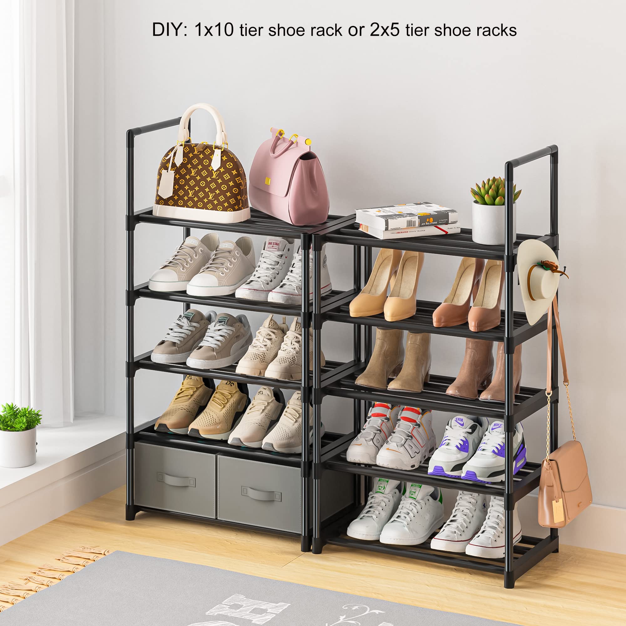 OYREL Tall Shoe Rack 10 Tier Narrow Shoes Rack 20 25 Pairs, Shoe Storage Shoe Organizer for Closet, Sturdy Metal Shoe Shelf with 2 Boxes 1 Hook
