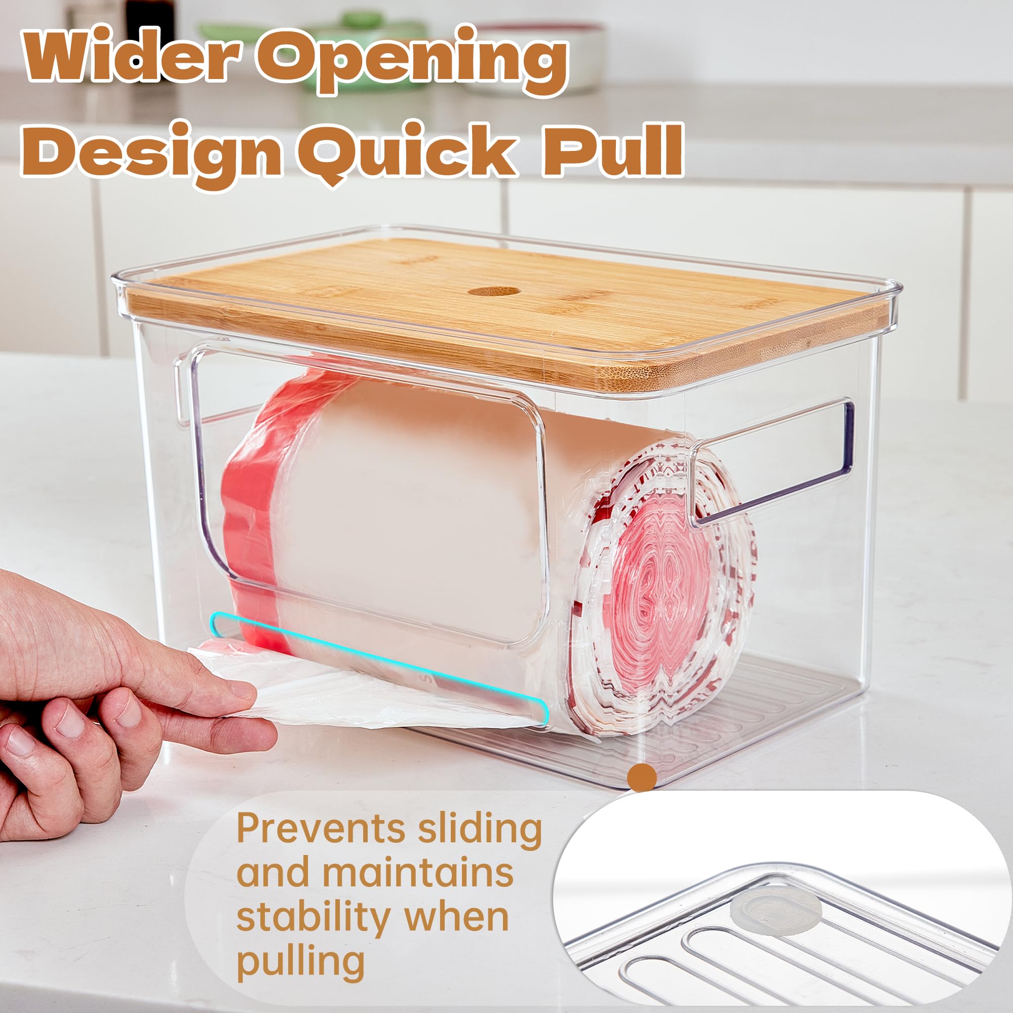 2 Pack Garbage Bag Holder with Bamboo Lid, Stackable Trash Bag Dispenser, Clear Under Sink Organizer for Kitchen, Pantry, Laundry Organization, Under-Sink