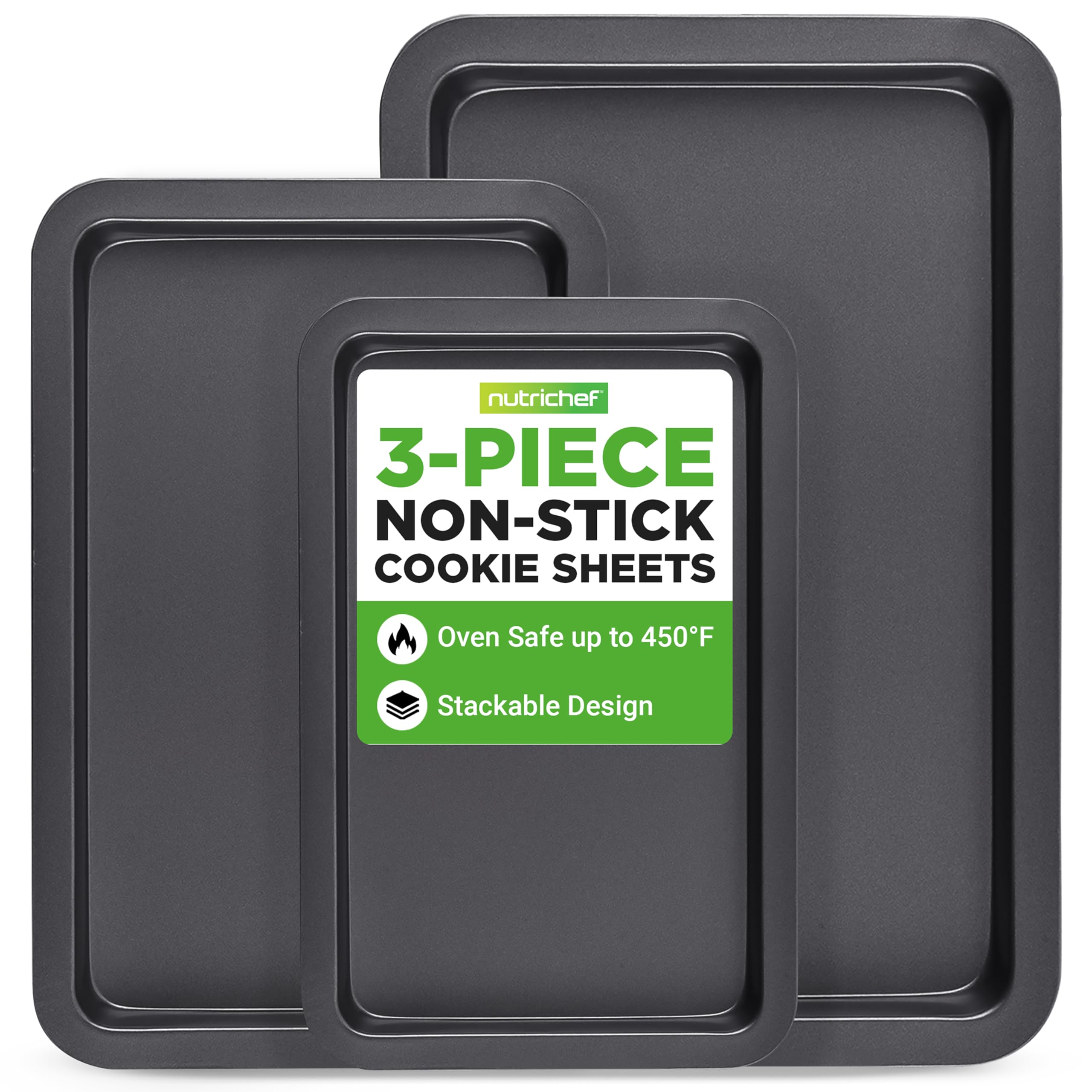 NutriChef, Baking Sheet, Baking Pan, Cookie Sheets, Baking Set, Baking Tray, Sheet Pan, Nonstick, Professional Quality, 3 Piece Set, Stackable, Black