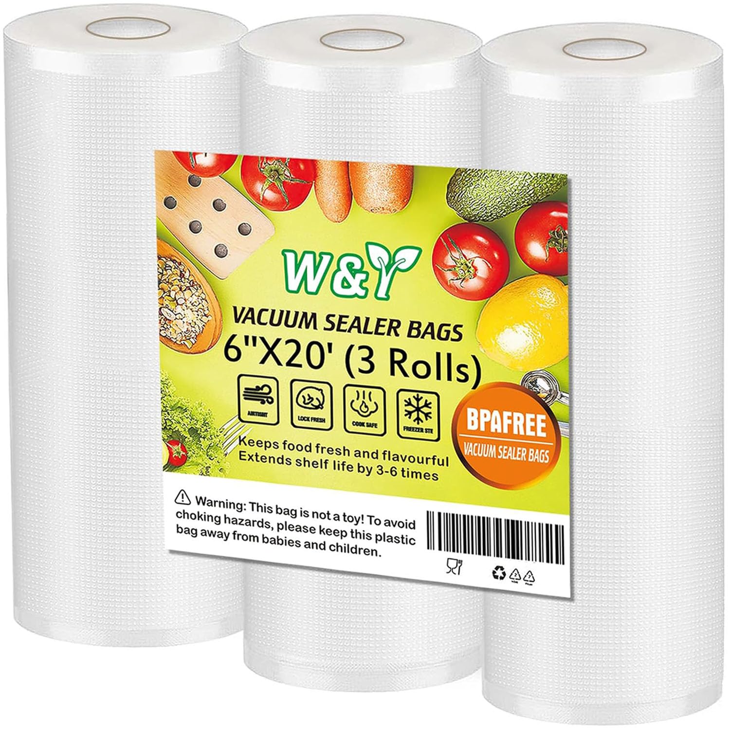 W&Y Vacuum Sealer Bags - 6" x 20' (3 Rolls), Reusable & Sous Vide, Commercial Grade, Embossed Texture, BPA-Free, Food Saver Vacuum Sealer Bags Rolls for Packing, Freezer & Cooking Storage