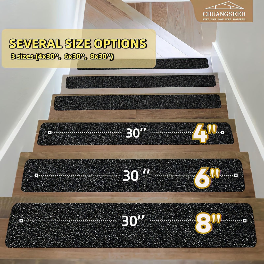 CHUANGSEED 12-Pack Non-Slip Stair Traction Tape 4''x30'' Black Anti Slip Tape 80 Grit Outdoor Treads Grip Tape- Waterproof Heavy Duty Anti Skid Strips for Steps,Deck,Staircase