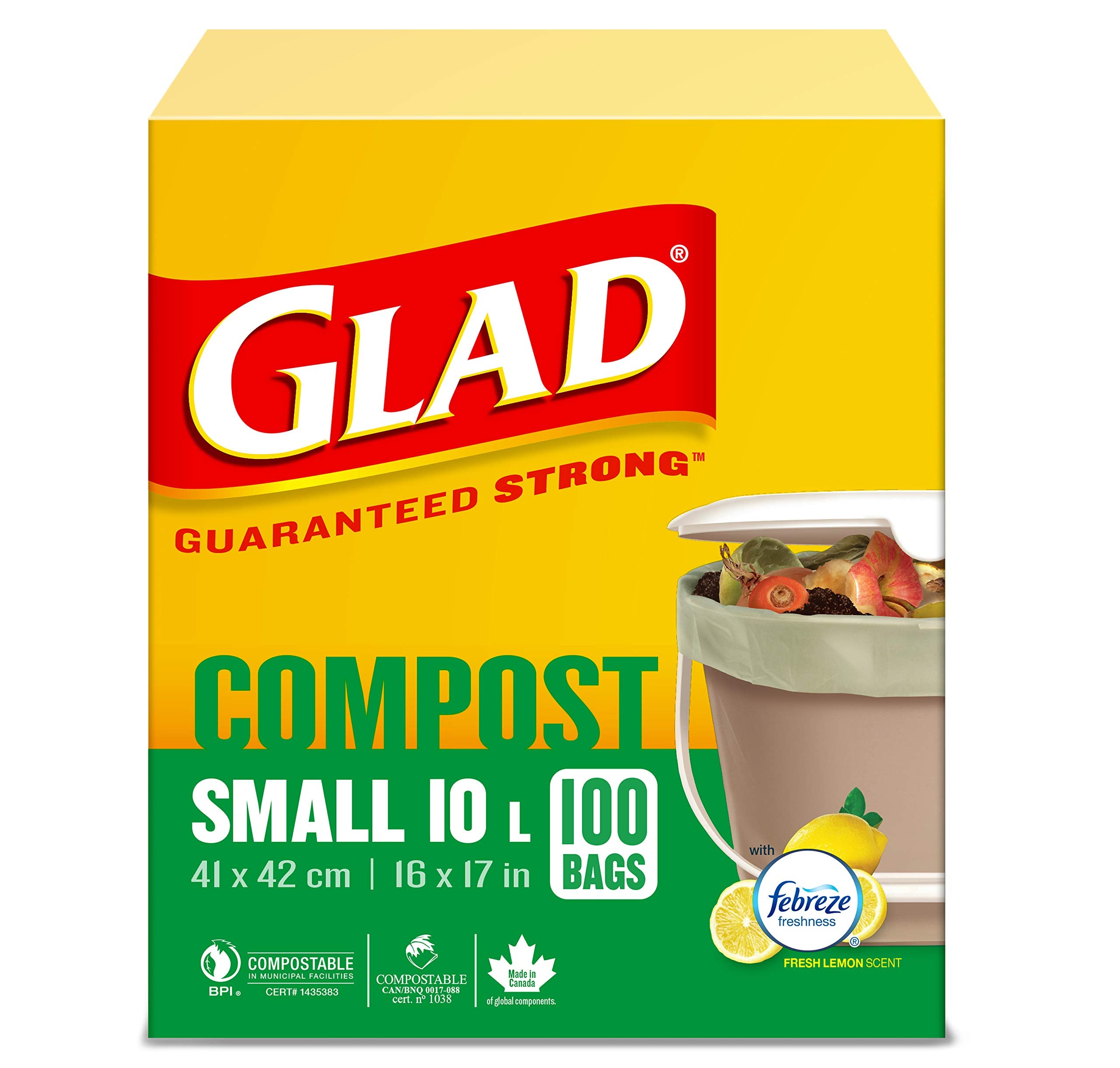 Glad 100% Compostable Bags - Small 10 Litres - Lemon scent 100 Compost Bags