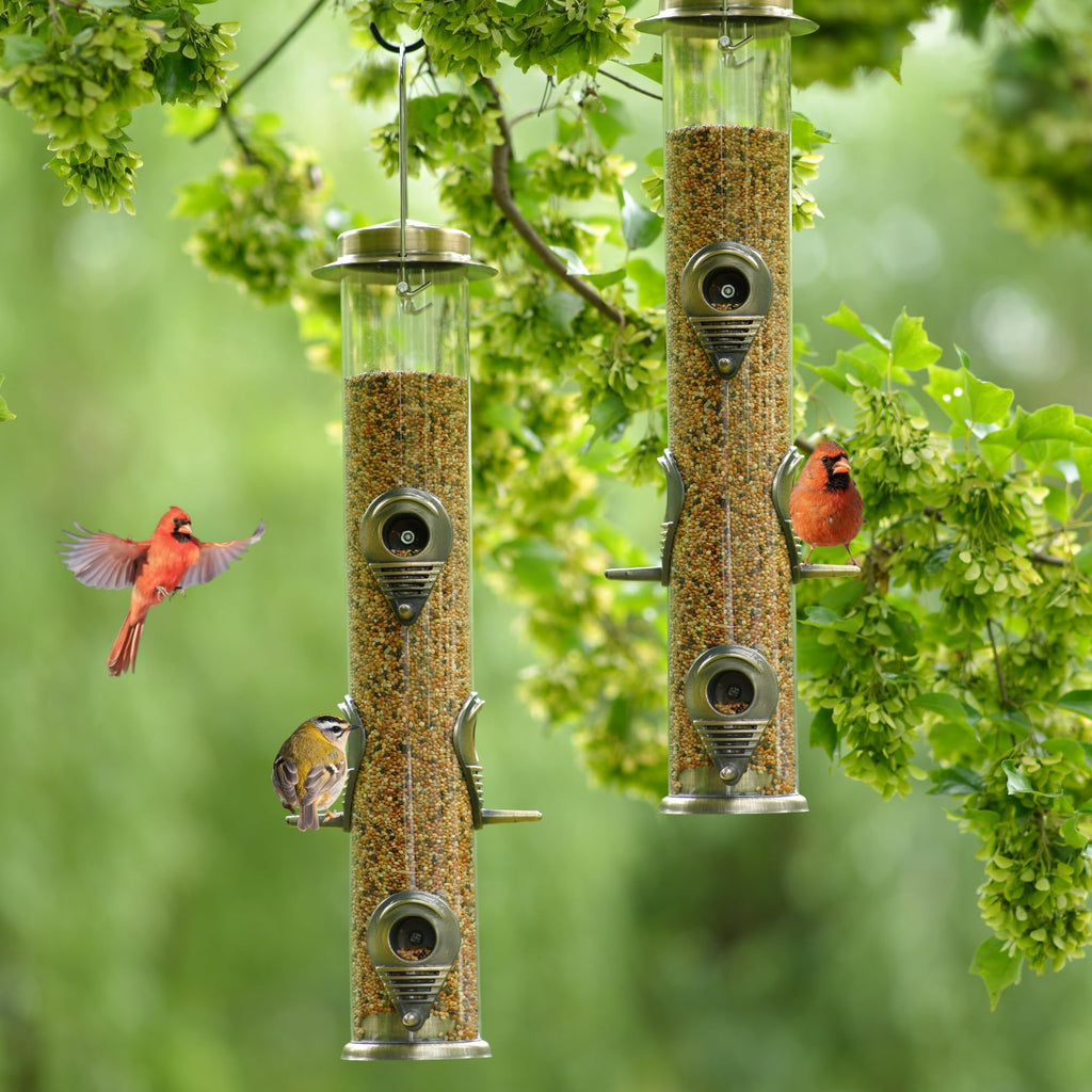 MIXXIDEA Metal Bird Feeder with 6 Feeding Ports, Bird Feeders for Outdoor Hanging, 16 inch Tube Bird Feeder with Steel Hanger & Hard Plastic, Attracting for Wild Birds (Bronze)