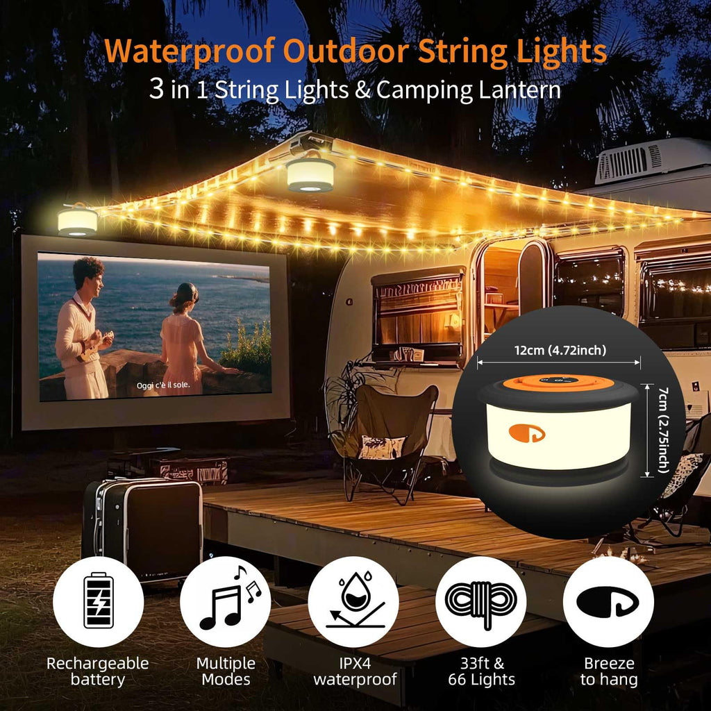 TOHETO Camping String Lights, 3 in 1 Upgraded Retractable RGB Outdoor String Lights with 19 Lighting Modes,Quick 30s Recovery, 32.8 FT Portable Tent Lights, Rechargeable Camping Lantern (Black&Orange)