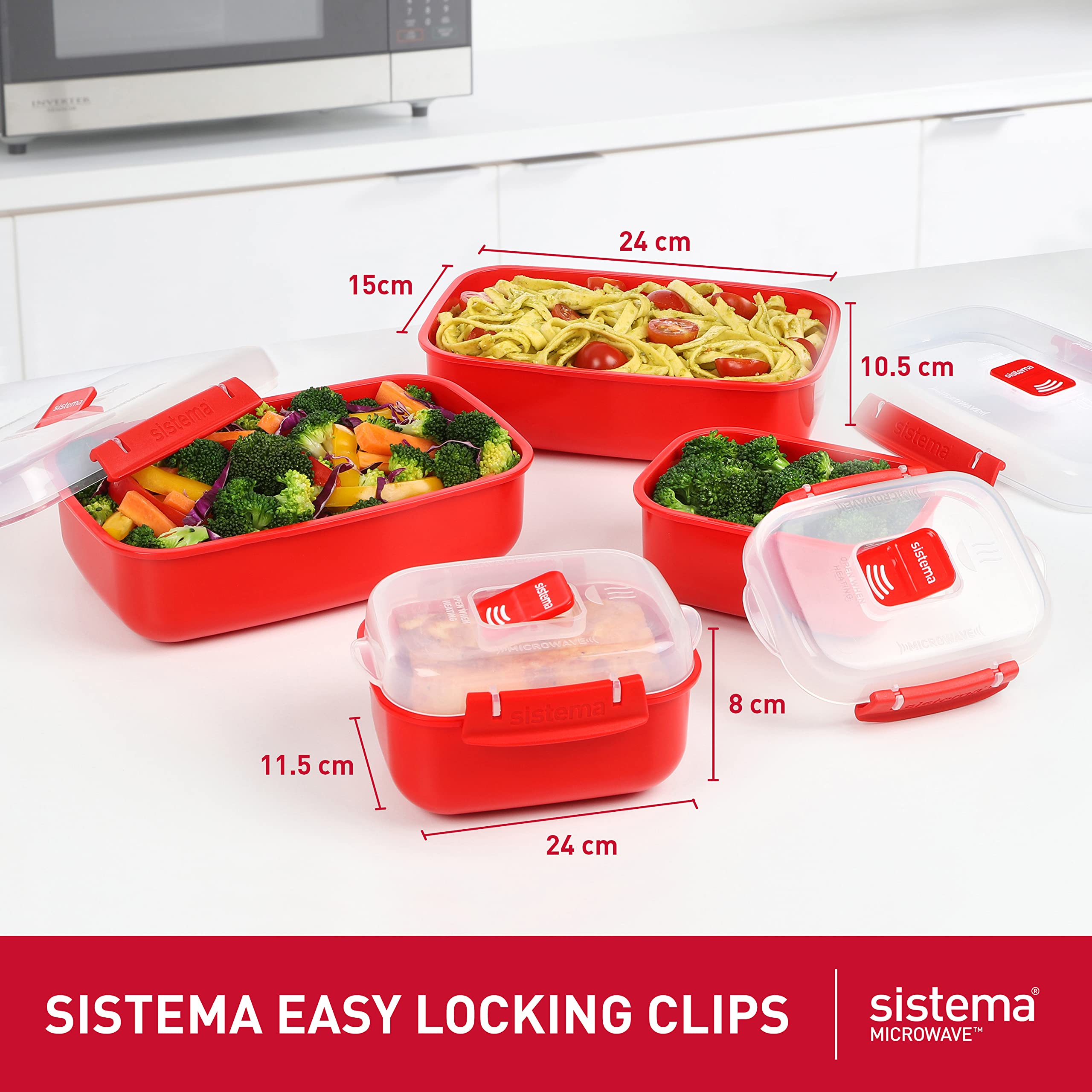 Sistema Heat and Eat Microwave Set, Locking Clips & Steam Release Vents, BPA-Free, Assorted Sizes, Red, 4 Pack (8 Pieces)