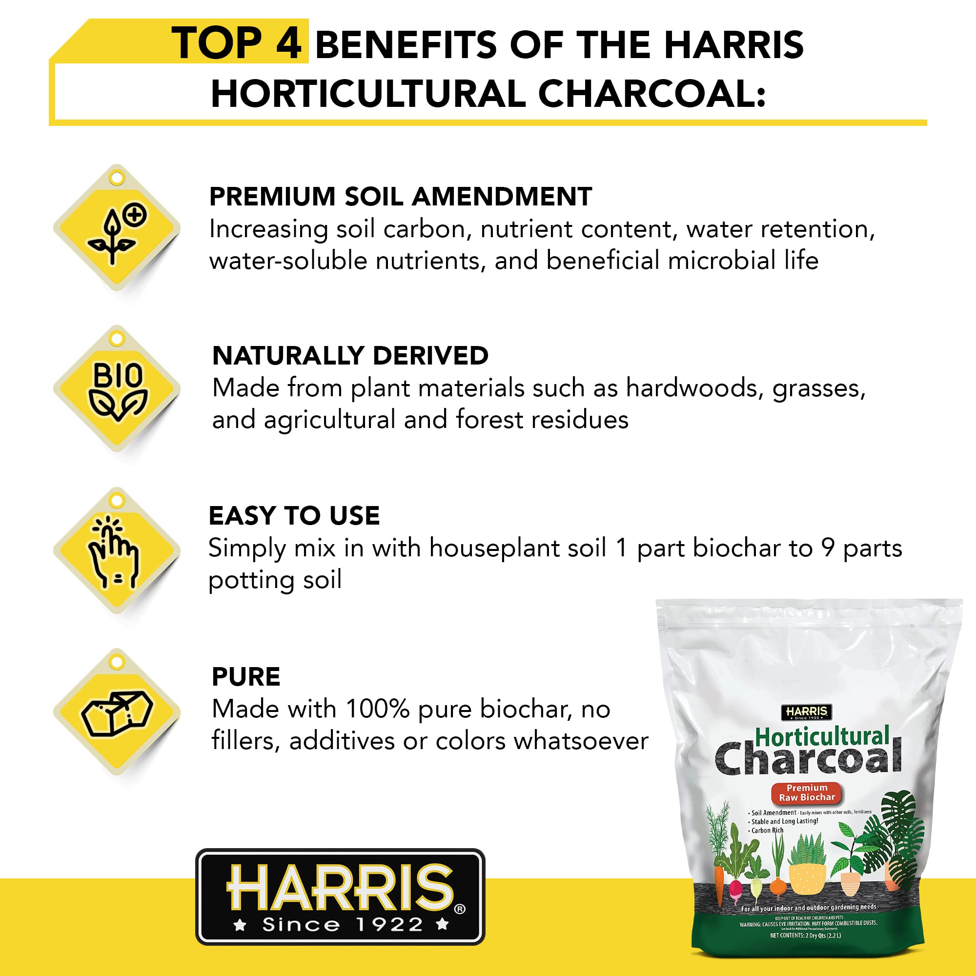 Harris Horticultural Charcoal, Premium Biochar Soil Amendment for Plants and Terrariums, 2qt
