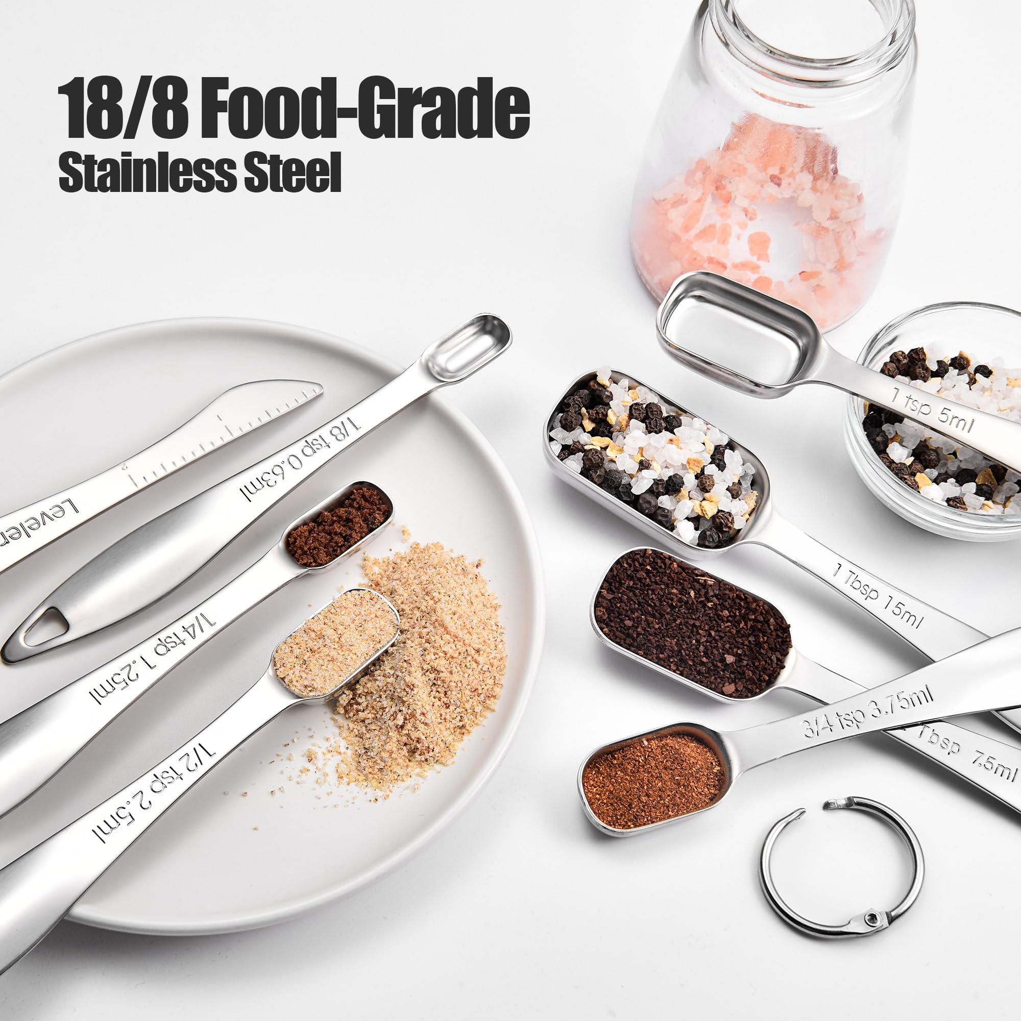 8-Piece Square Measuring Spoons with Leveler: Doosu 18/8 Stainless Steel Narrow Tablespoon Teaspoon Set for Measure Dry & Liquid Ingredients, Kitchen Rectangular Spice Jar Scoop with Long Handle