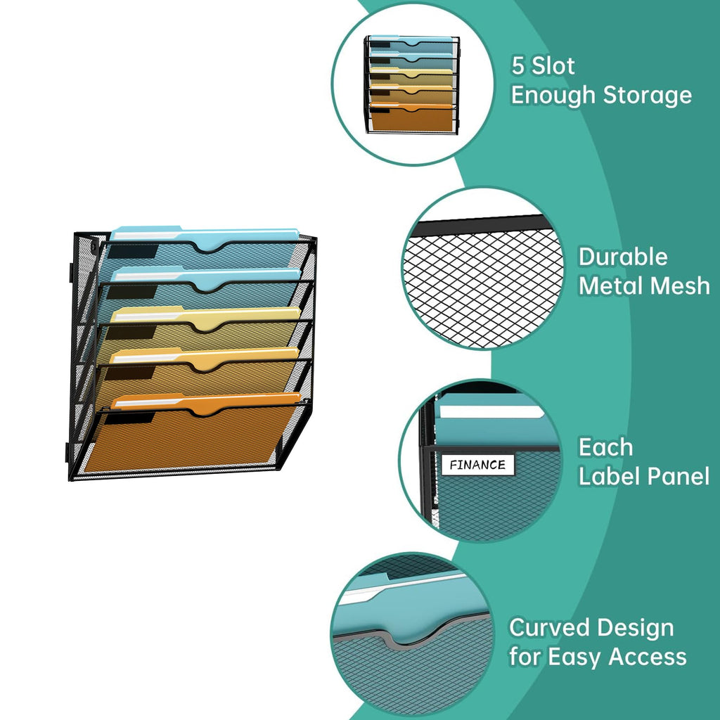 SUPEASY 5-Tier Wall File Organizer Mesh Office Mail Holder, Hanging Wall Organizer Magazine Rack for Office Black