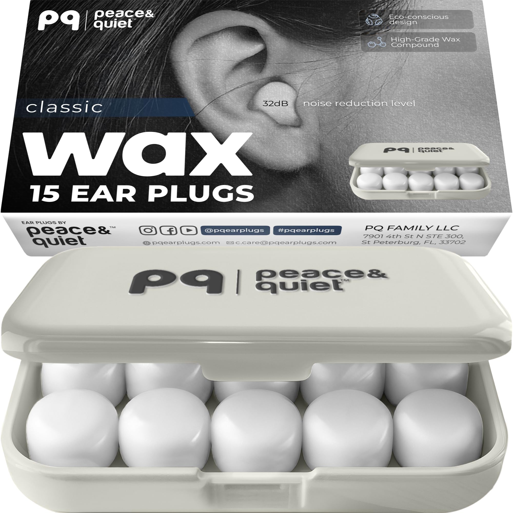 PQ Wax Ear Plugs for Sleep - 15 Silicone Wax Earplugs for Sleeping and Swimming, Gel Ear Plugs for Noise Cancelling & Ear Protection, Sleeping Earplugs with Sound Blocking Level of 32 Db (15 Pillows)