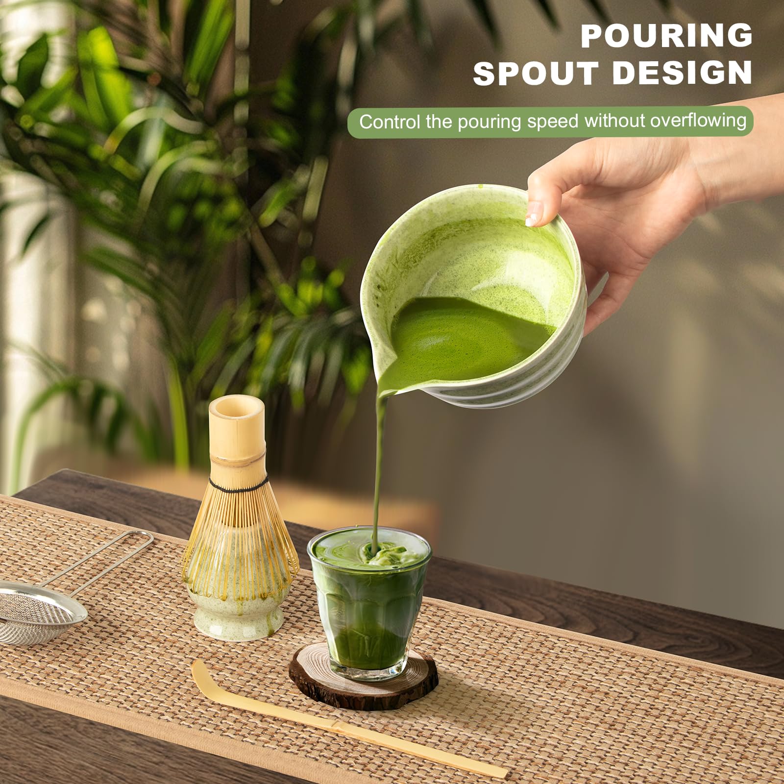 Matcha Whisk Set, 5 Pcs Ceramic Matcha Set Includes Bowl with Spout, Whisk, Holder, Bamboo Scoop and Sifter, Matcha Tea Kit for Matcha Lovers, Ideal Gift for Christmas, Birthday, Green