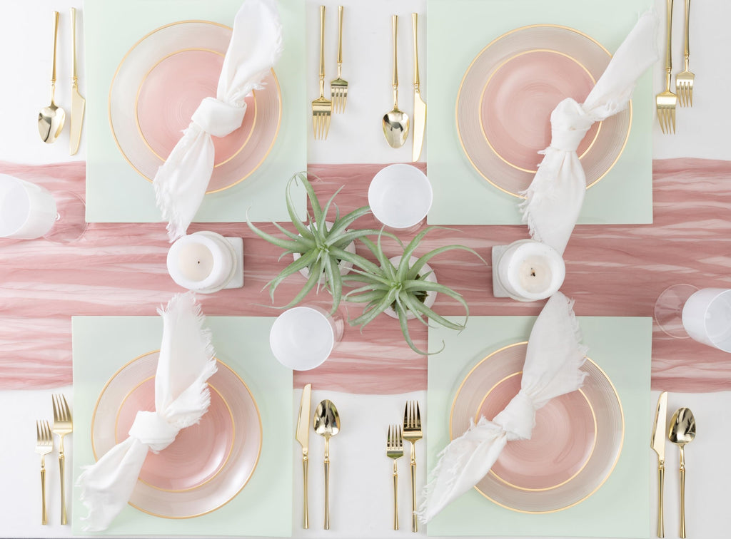 PLASTICPRO 32 Pieces Crystal Design Plastic Plates Combo Pack 7 inch and 10 inch Gold Rim Elegant Disposable Plates, Transparent Pink