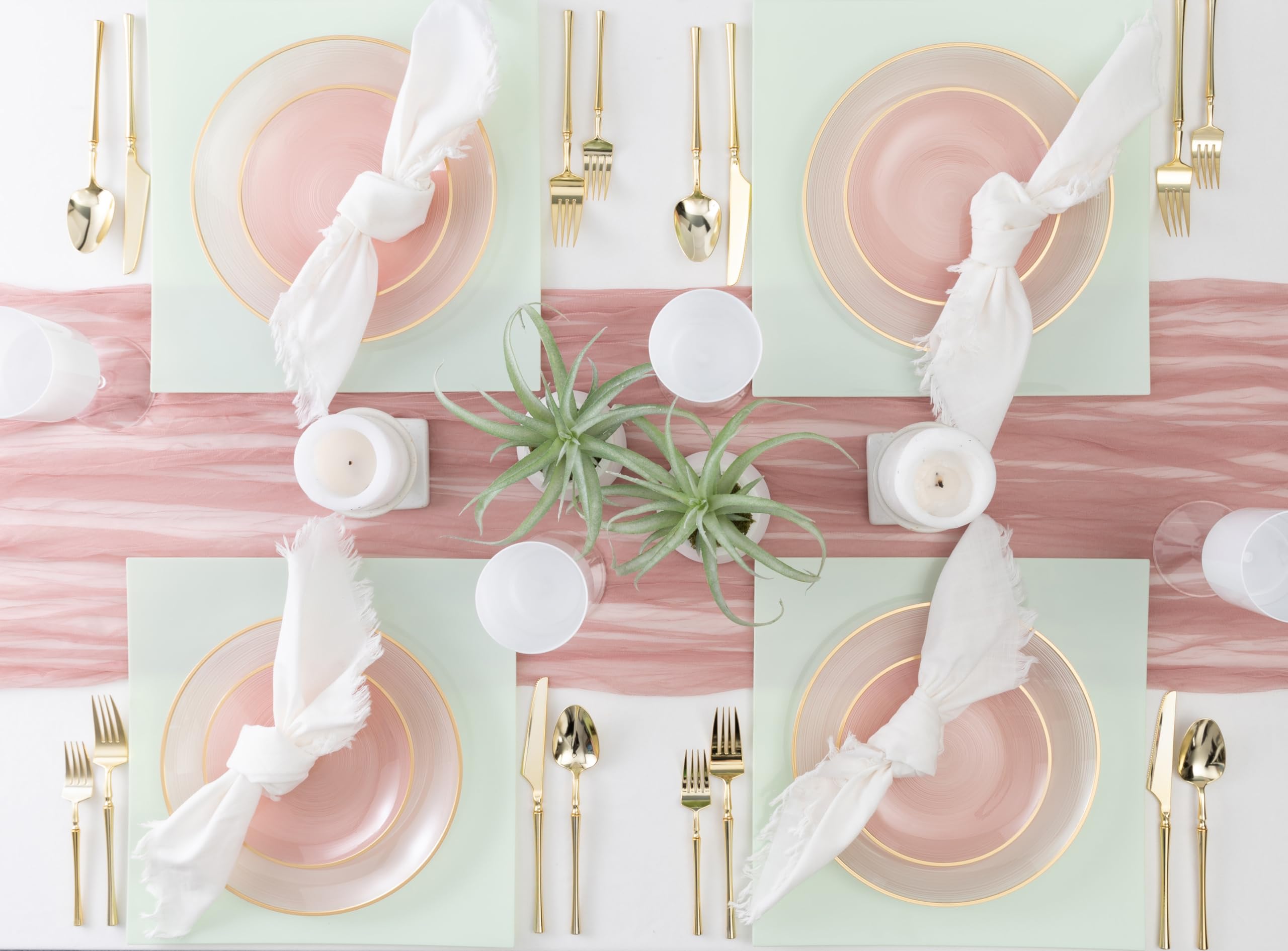 PLASTICPRO 32 Pieces Crystal Design Plastic Plates Combo Pack 7 inch and 10 inch Gold Rim Elegant Disposable Plates, Transparent Pink
