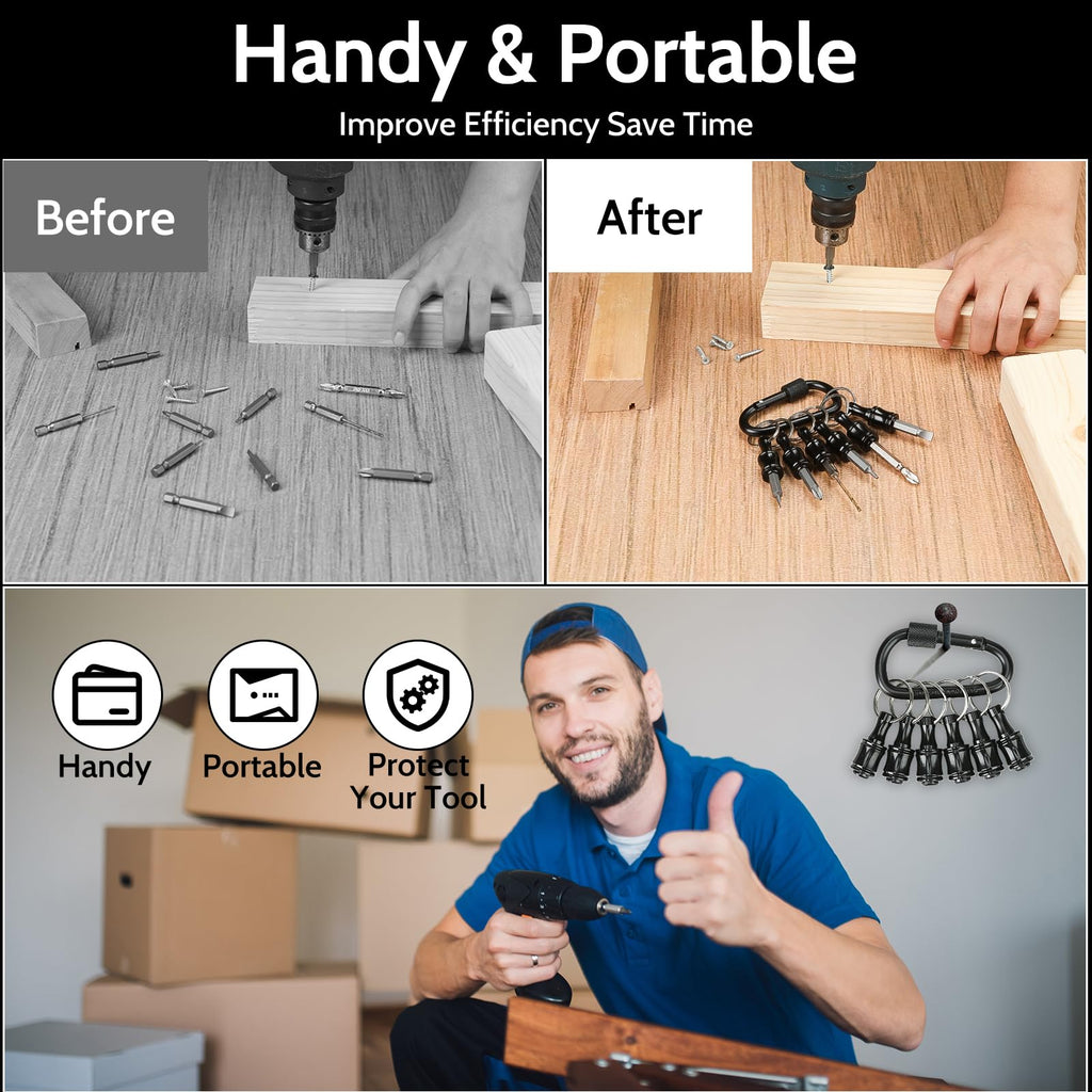 Upgrade 12 Pcs Bit Holder Keychain with 2 Black Carabiner, 1/4 Inch Hex Shank Screwdriver Bits Holder, Screw Adapter Quick Release Hand-Held Impact Socket Holder for Electric Screwdrivers (Black-2set)