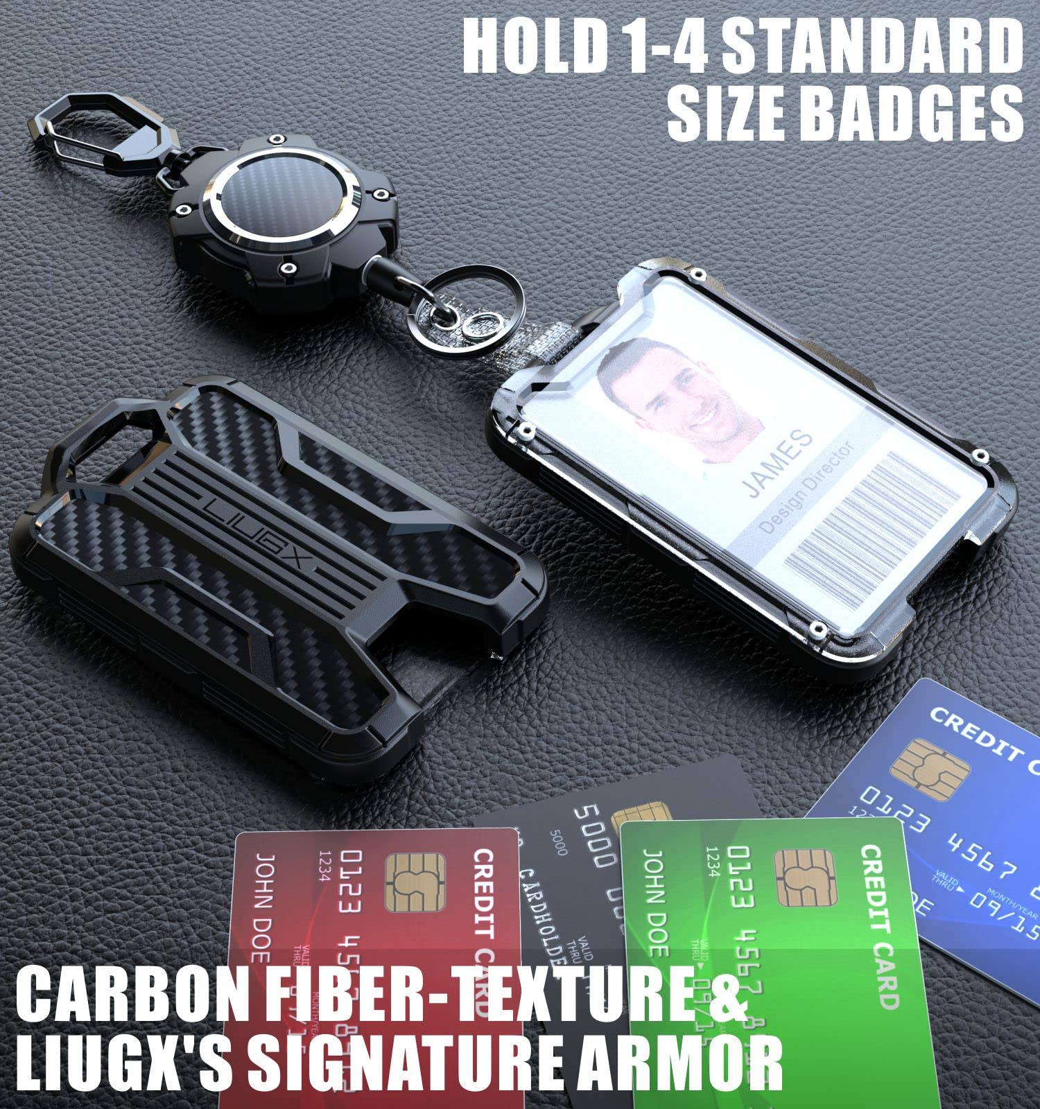 LIUGX Retractable Badge Holders, Heavy Duty Carabiner Keychain,Durable ID Card Holder (Holds 4 Cards), Carbon Fiber-Texture, with 31.5”Badge Reel Key Chain, 10,000+ Rebound, Silver-Black