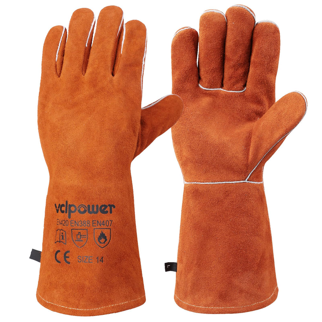 Vclpower Fireplace Gloves Fire Heat Resistant: 932°F Fireproof Leather for Fireplace Fire Pit Wood Stove Campfire Furnace BBQ Baking,Grill Oven Stick Mig Tig Welding Welder Gear for Man L 14in Brown