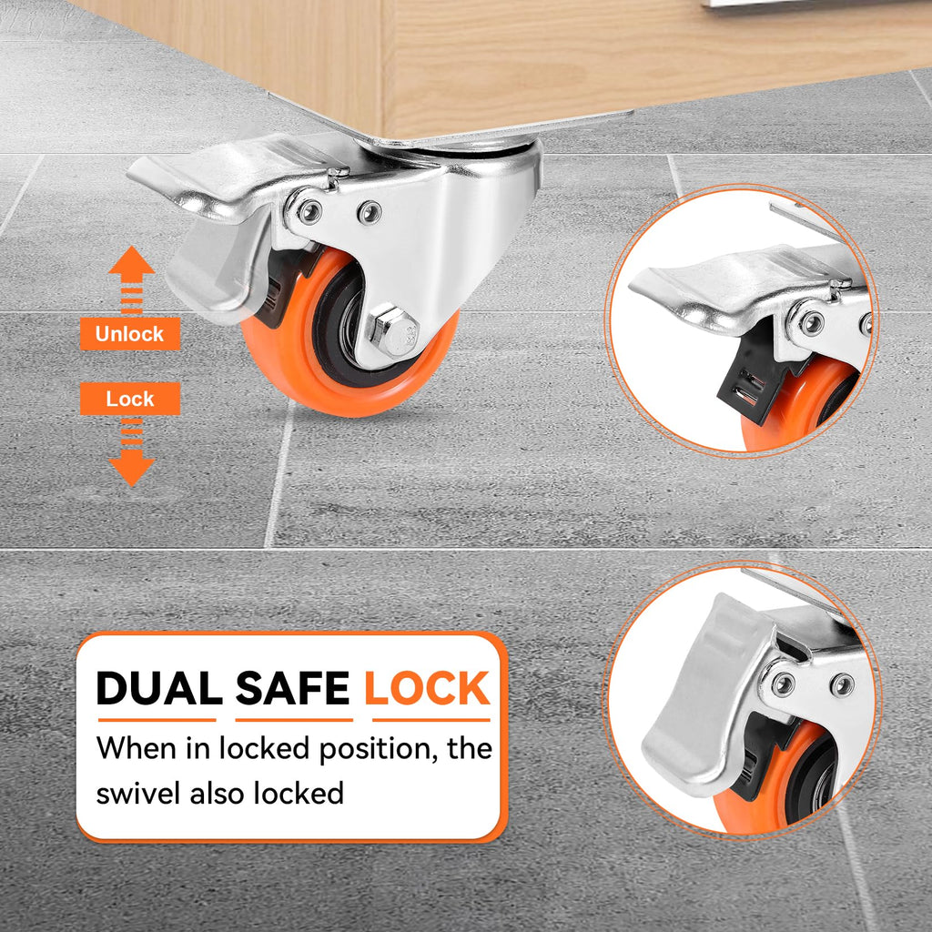 2" Plate Caster Wheels Heavy Duty 600 Lbs Load Capacity Swivel Casters with Brake Set of 4, Safety Dual Locking, No Noise Wheels for Furniture, Carts (Free Screws and Screwdriver)