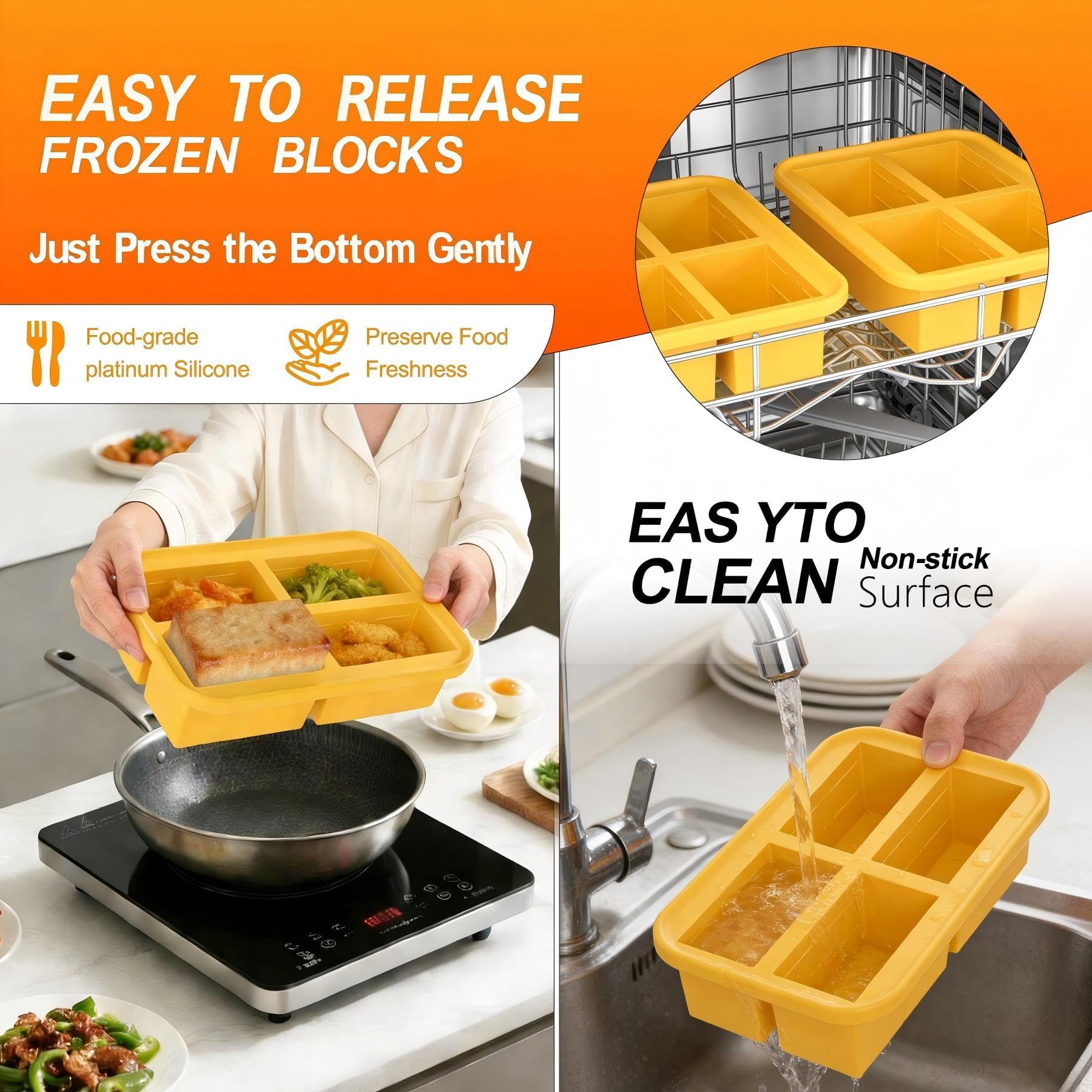 Bangp 1-Cup Silicone Freezer Trays with Lid,2 Pack,Easy-Release Silicone Freezing Tray for Soup Ice Cubes,Soup Freezer Molds,Freeze & Store Broth,Sauce,Leftovers - Makes 8 Perfect 1 Cup Portions