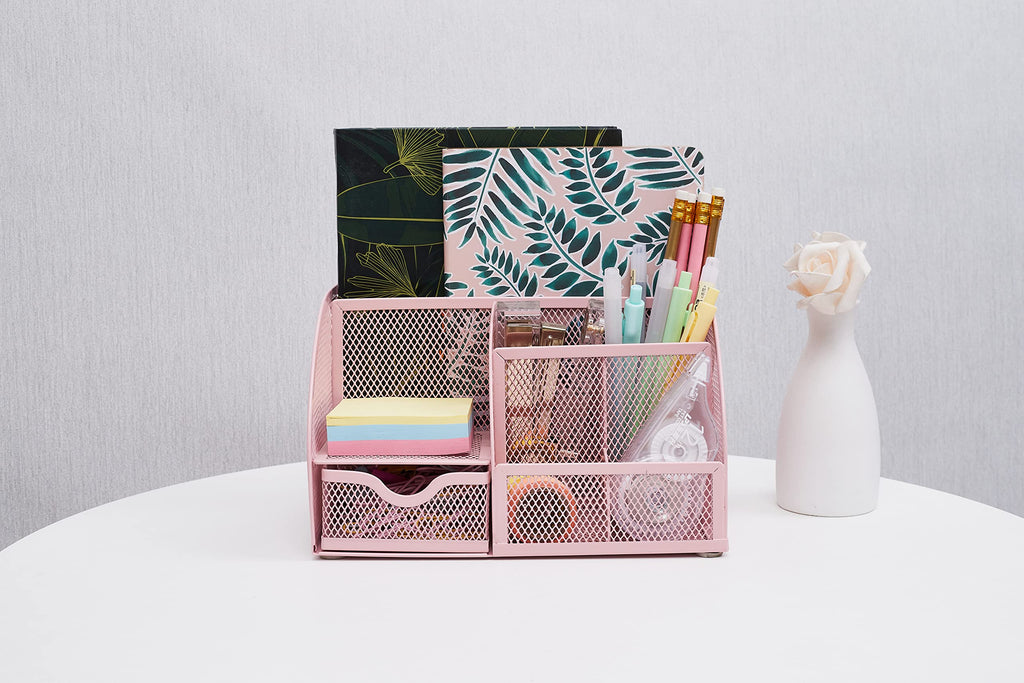Annova Mesh Desk Organizer Office with 7 Compartments + Drawer/Desk Tidy Candy/Pen Holder/Multifunctional Organizer (Light Pink)