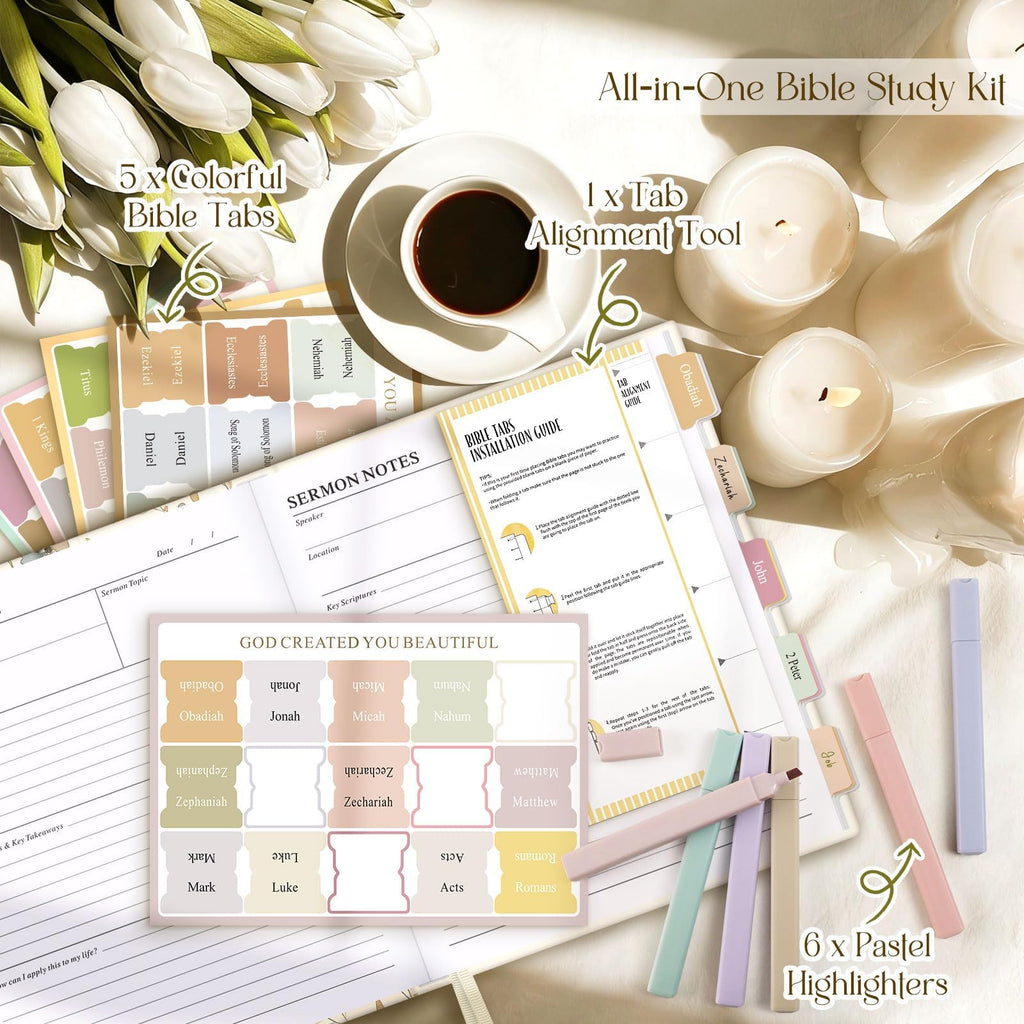 Lanpn Bible Study Journals for Women with Tabs & Highlighters, Daily Devotional Journaling Church Notes Taking, Leather Bible Prayer Guide Notebook Christian Religious Faith Based Gifts