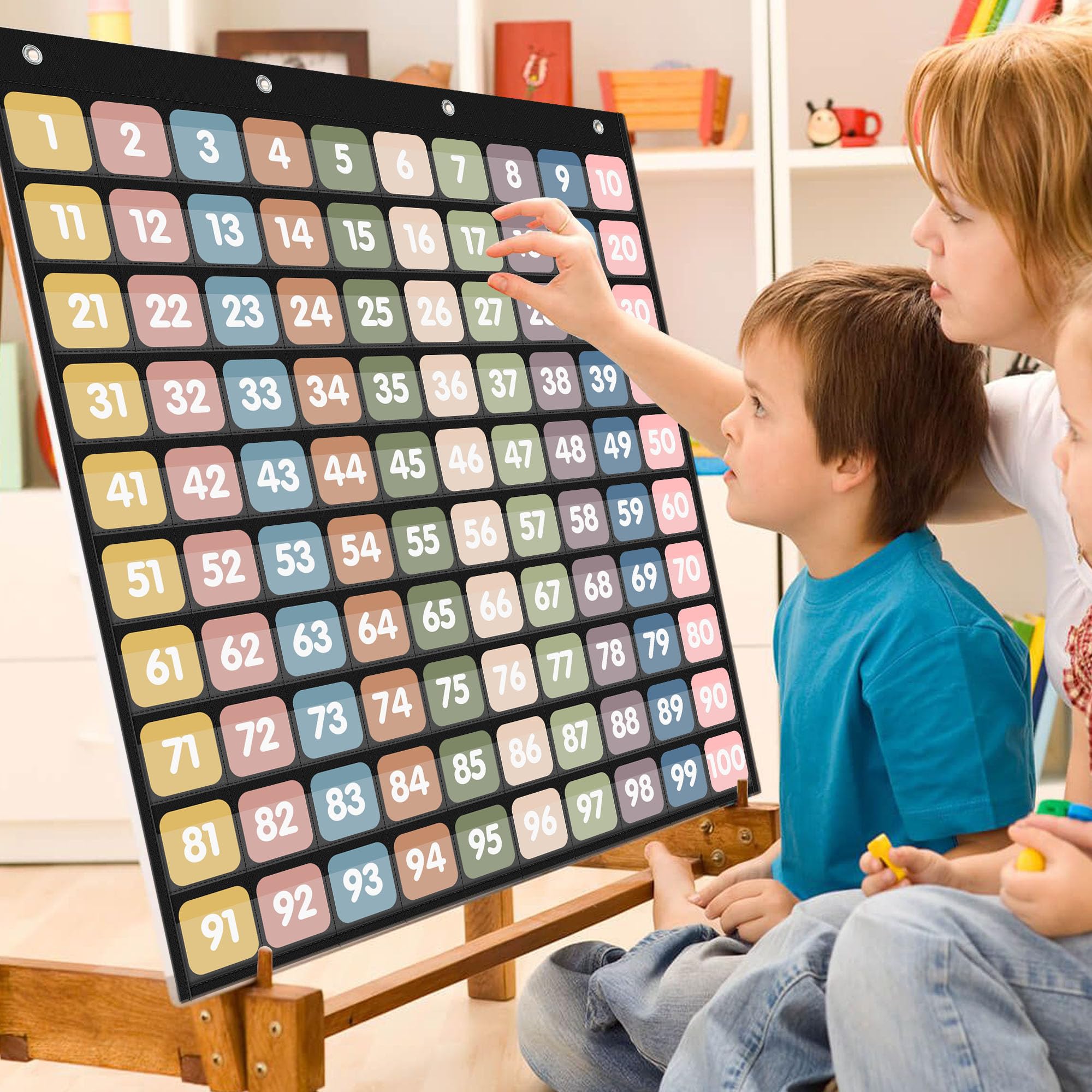 Yoink Boho Hundred Pocket Chart for Classroom, 100 Number Pockets with 120 Double-Sided Counting Cards for Skip Counting Multiplication, Teacher Essentials Supplies for Kindergarten Homeschool (Black)