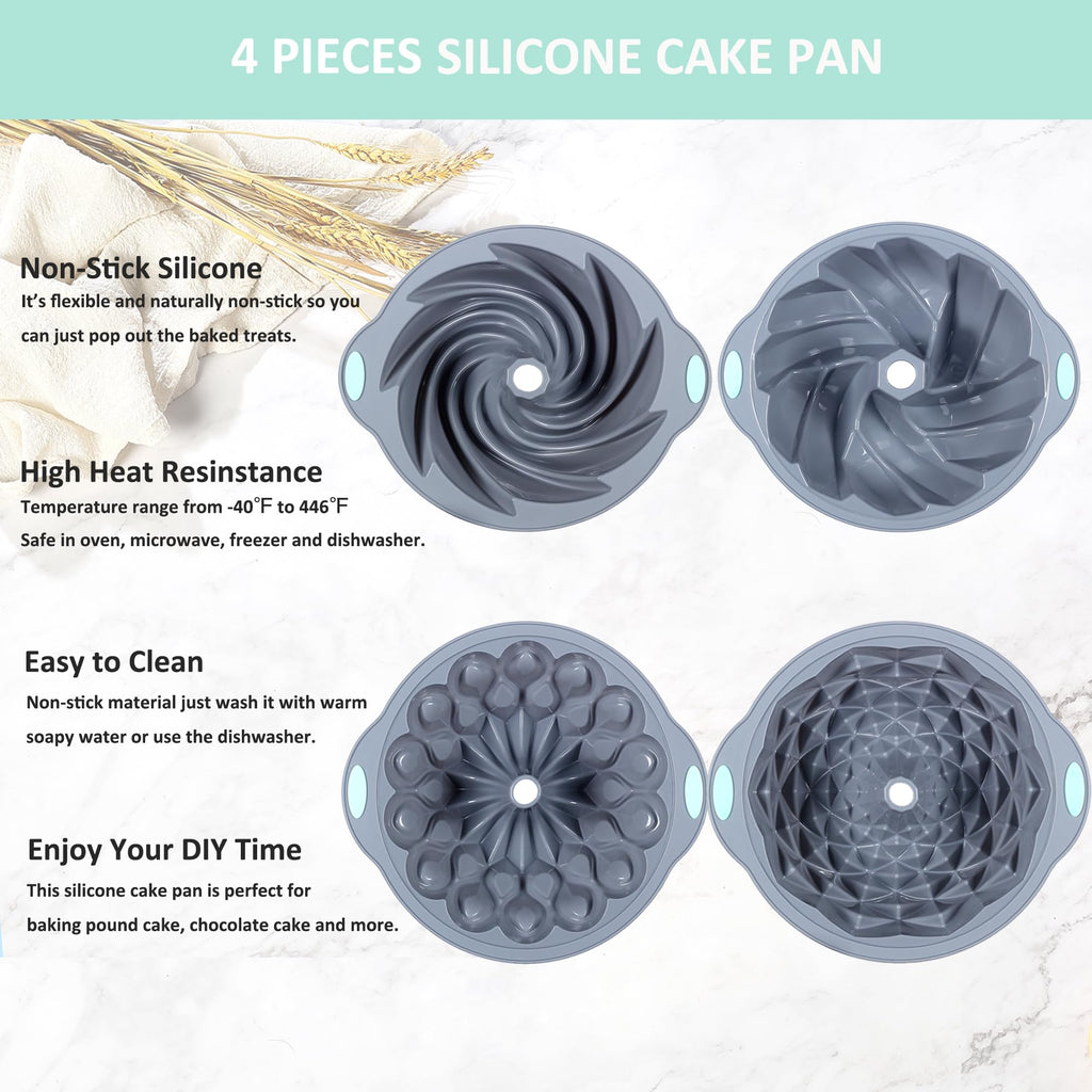 Tongjude 4 Pieces Silicone Fluted Cake Pans, 9/10/12 Cups Tube Baking Pan, Silicone Molds for Homemade Cake, Bread and Jello, Non-Stick, Grey