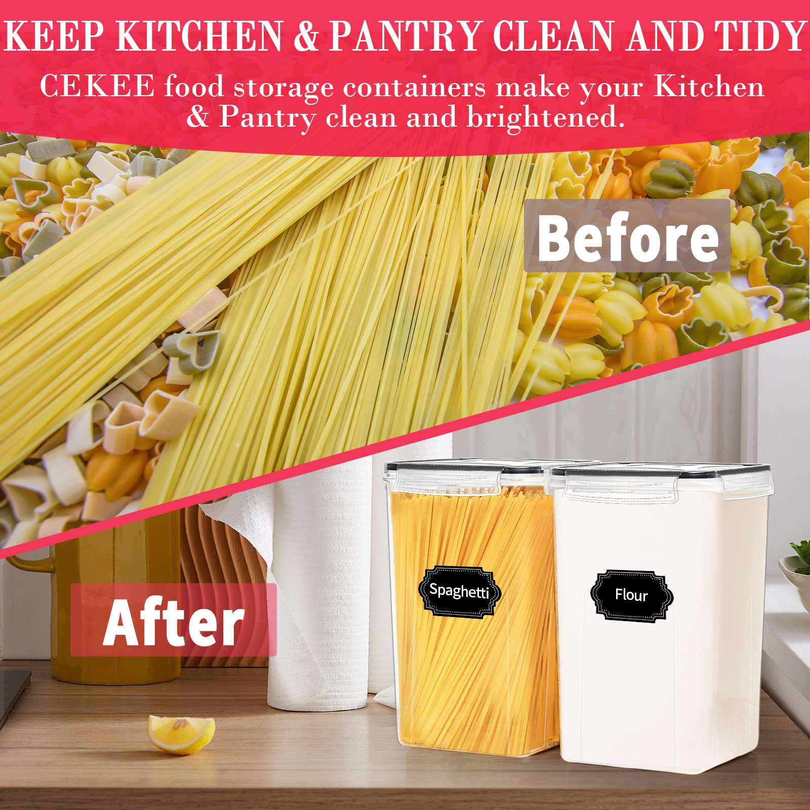 Extra Large Food Storage Containers with Lids-6.5L |220 OZ| 2PCS- CEKEE Large Airtight Plastic Food Canisters for Flour, Sugar, Rice, Cereal & Pasta, Bulk Food Storage for Kitchen Pantry Organization