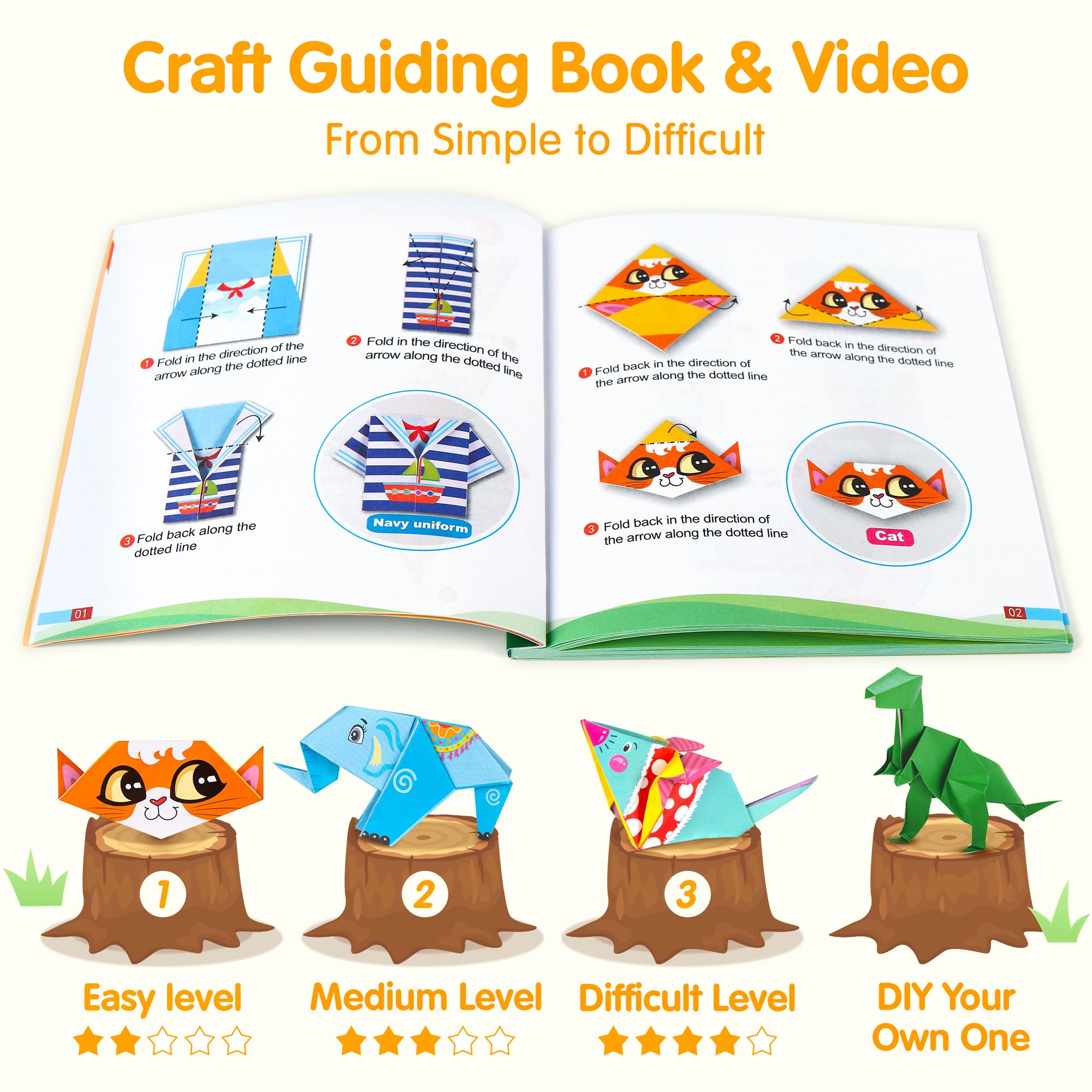 Mocoosy 224 Sheets Origami Paper Kit for Kids Ages 5-8 8-12, Folding Paper Set with Origami Book, Art Craft Supplies Boys Girls 9-12, Travel Game Car Road Trip Activities Easter Basket Stuffer Gifts