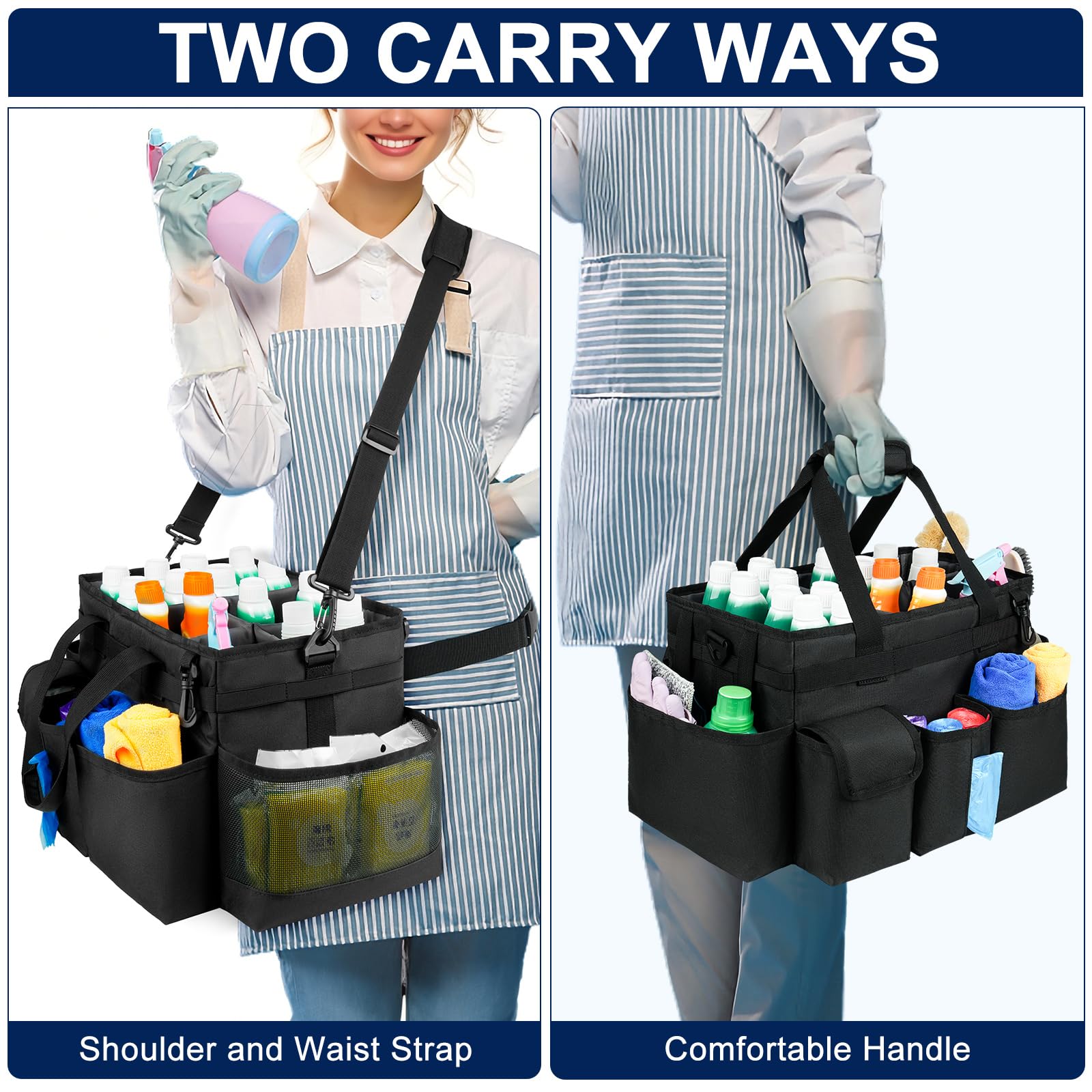 Cleaning Caddy Bag,Large Cleaning Supplies Organizer with Handle for Housekeepers, Black