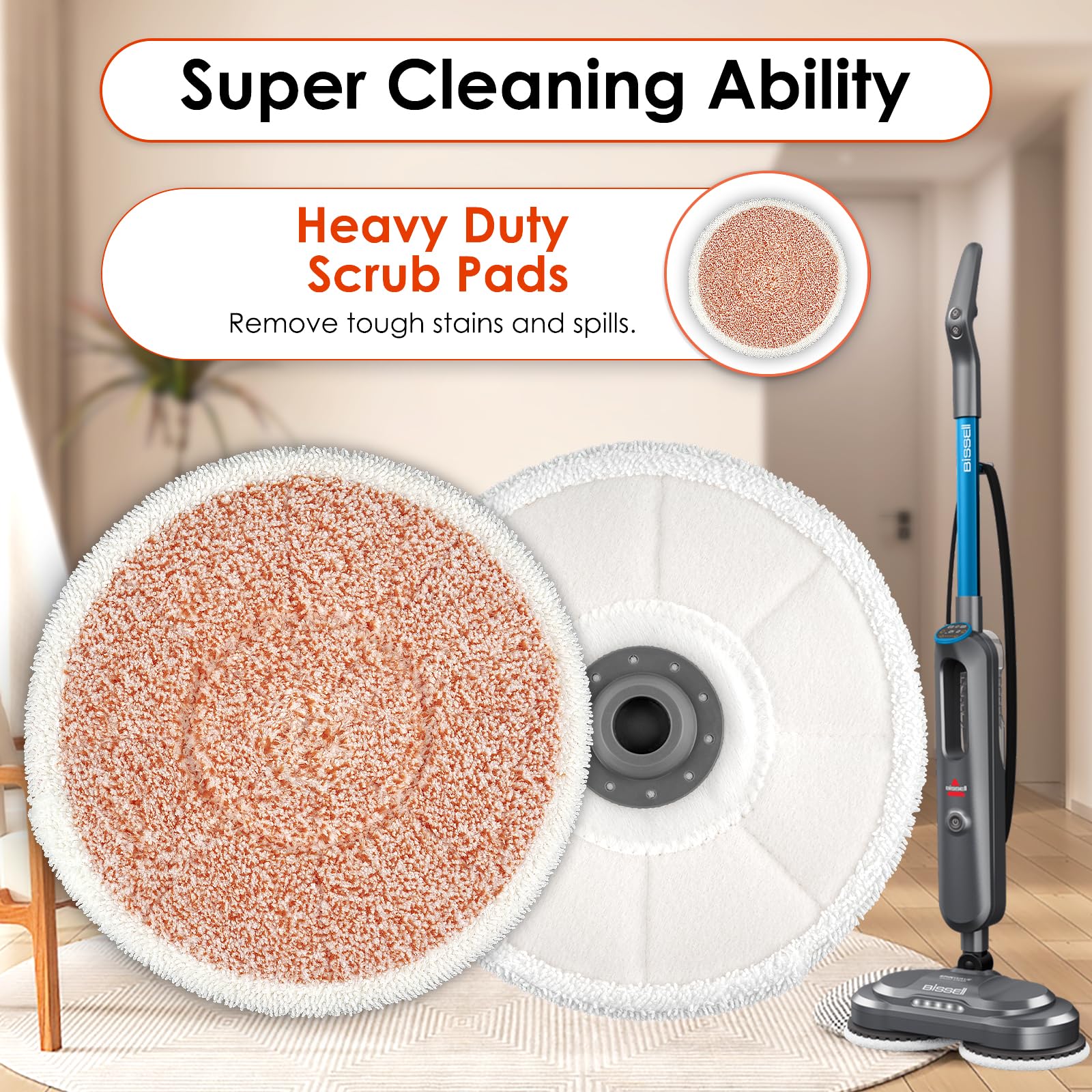 (12 Pack) 3897A Replacement Mop Pads for Bissell SpinWave SmartSteam Scrubbing Steam Mop 3897A 3712C 3712W, Spinning Scrubbing Mop Pads, Heavy Duty Scrubby Mop Pad, Orange Pads 6 Sets