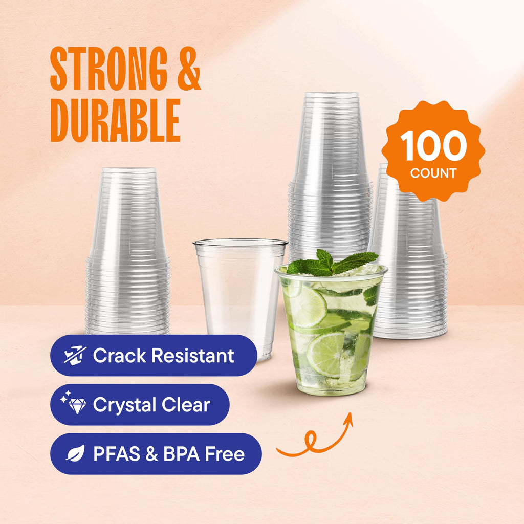 Stack Man [100 Pack - 12 oz.] Clear Disposable Plastic Cups PET Crystal Clear Disposable 12oz Plastic Cups
