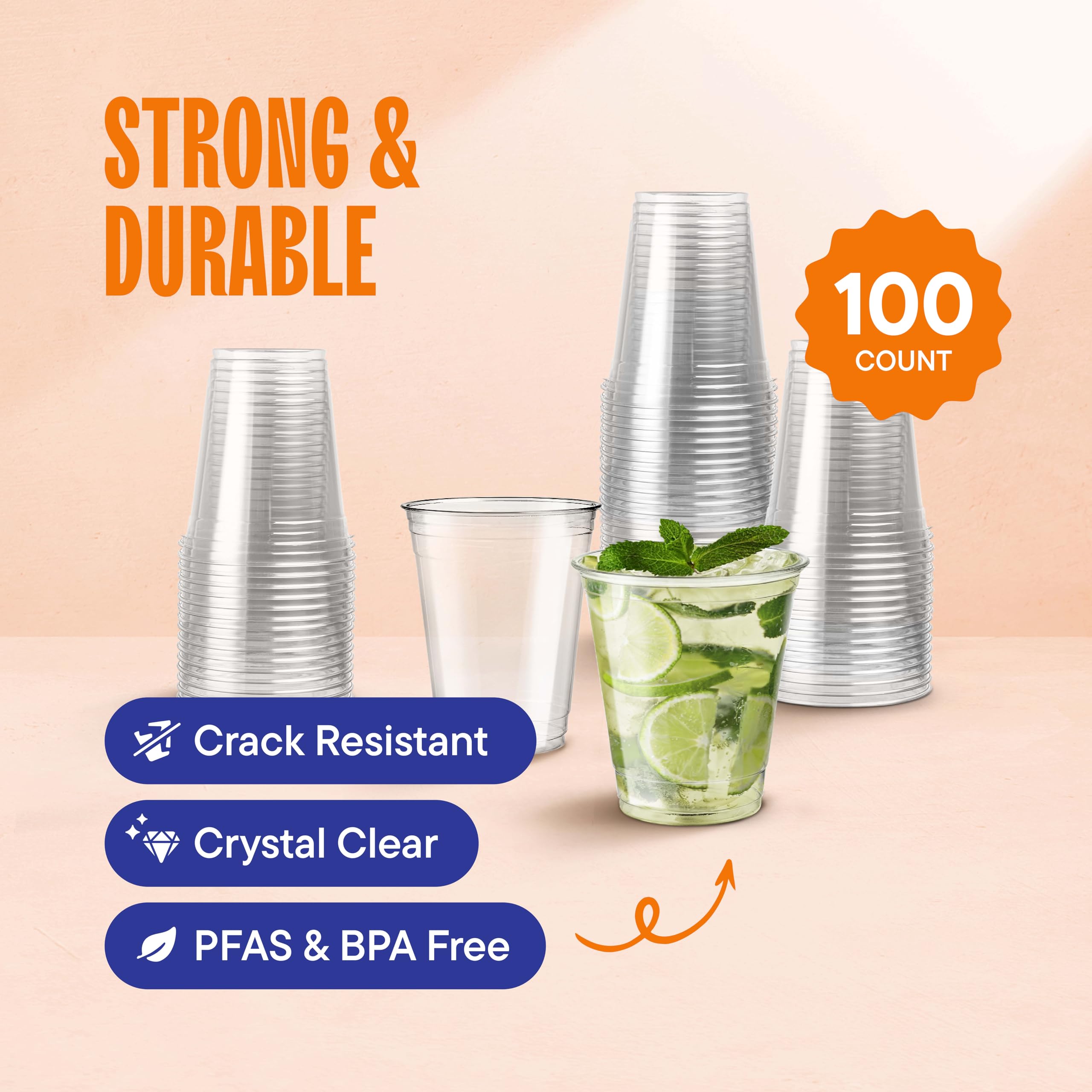 Stack Man [100 Pack - 12 oz.] Clear Disposable Plastic Cups PET Crystal Clear Disposable 12oz Plastic Cups