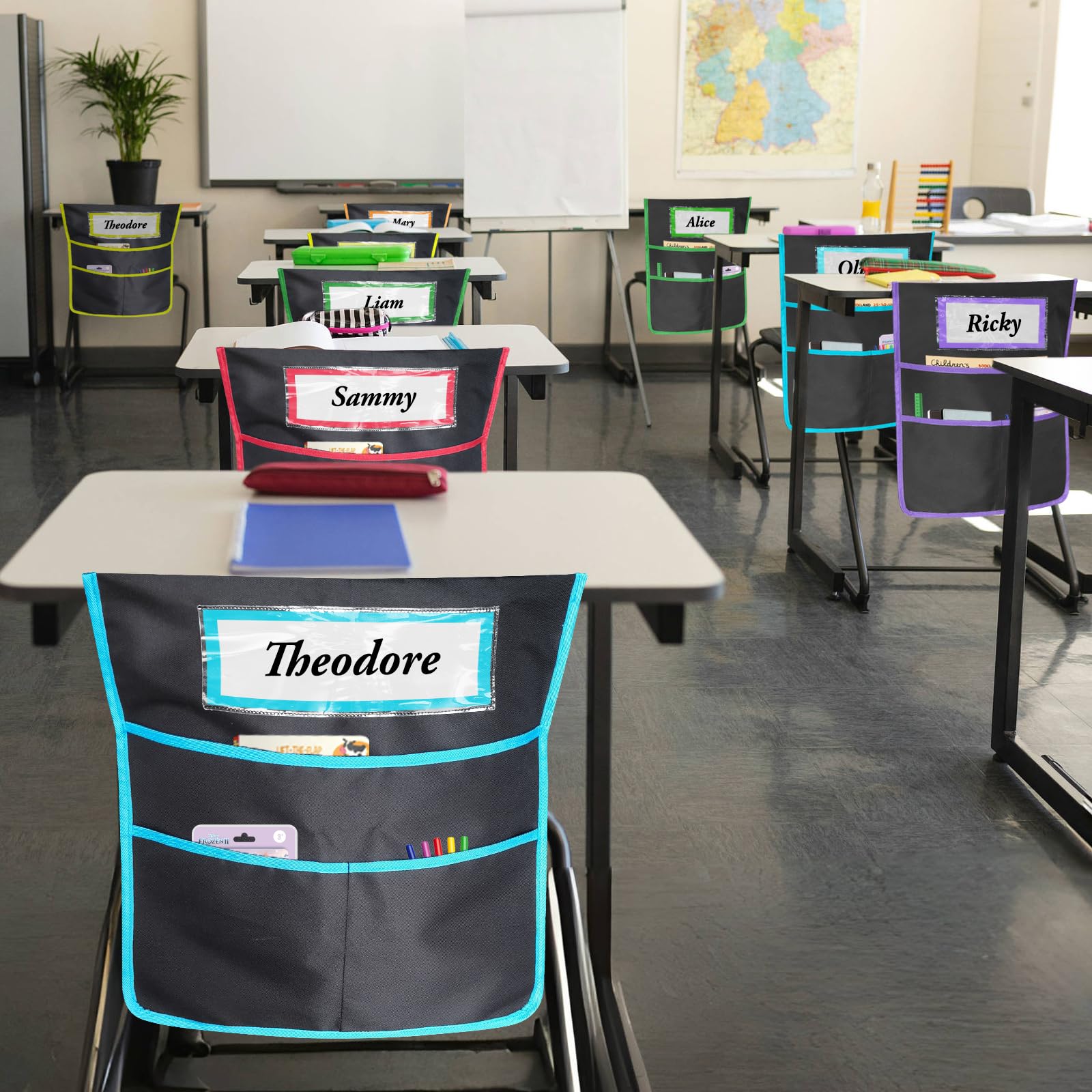 12 Pack Chair Pockets for Classrooms, Seat Sacks with 3 Heavy Duty Storage Pocket, Chair Back Buddy Pocket with Name Tag Slot, Ideal Back to School Supplies, Classroom Must Haves (Multicolor)