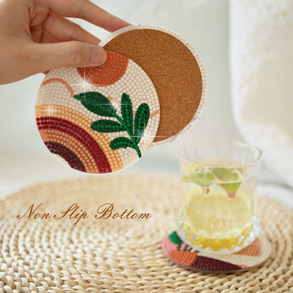 Temlum 6 Pcs Diamond Painting Coasters with Holder, DIY Abstract Plants Coasters Diamond Art Kits for Beginners, Adults Small Diamond Painting Craft Supplies