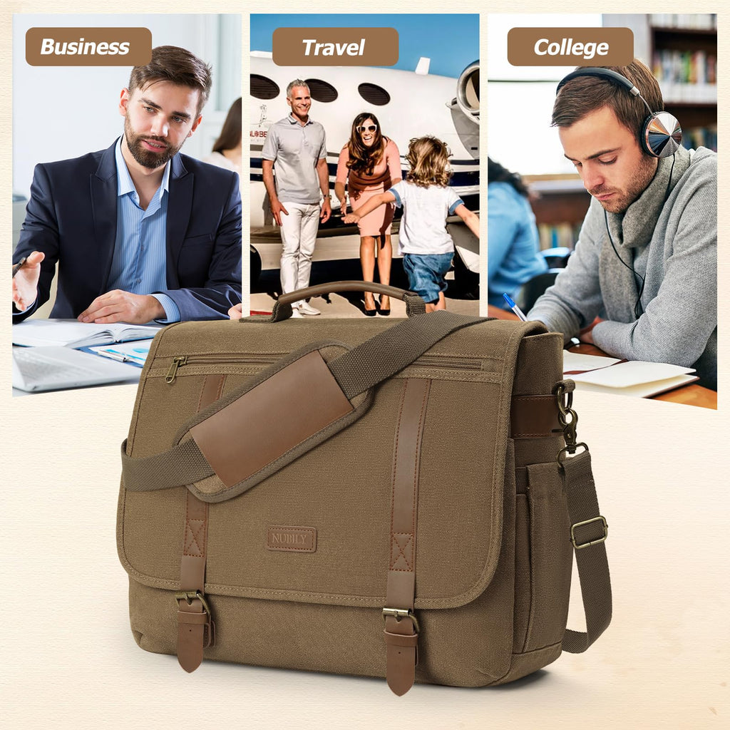 NUBILY Messenger Bag Men 15.6 Inch Laptop Bag Vintage Canvas Briefcase Retro Work Computer Bag Large Shoulder Bag Water Resistant Cross-Body Satchel Bag For Business Office College Travel，Brown