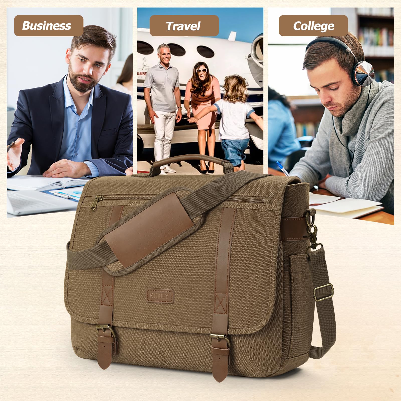 NUBILY Messenger Bag Men 15.6 Inch Laptop Bag Vintage Canvas Briefcase Retro Work Computer Bag Large Shoulder Bag Water Resistant Cross-Body Satchel Bag For Business Office College Travel，Brown