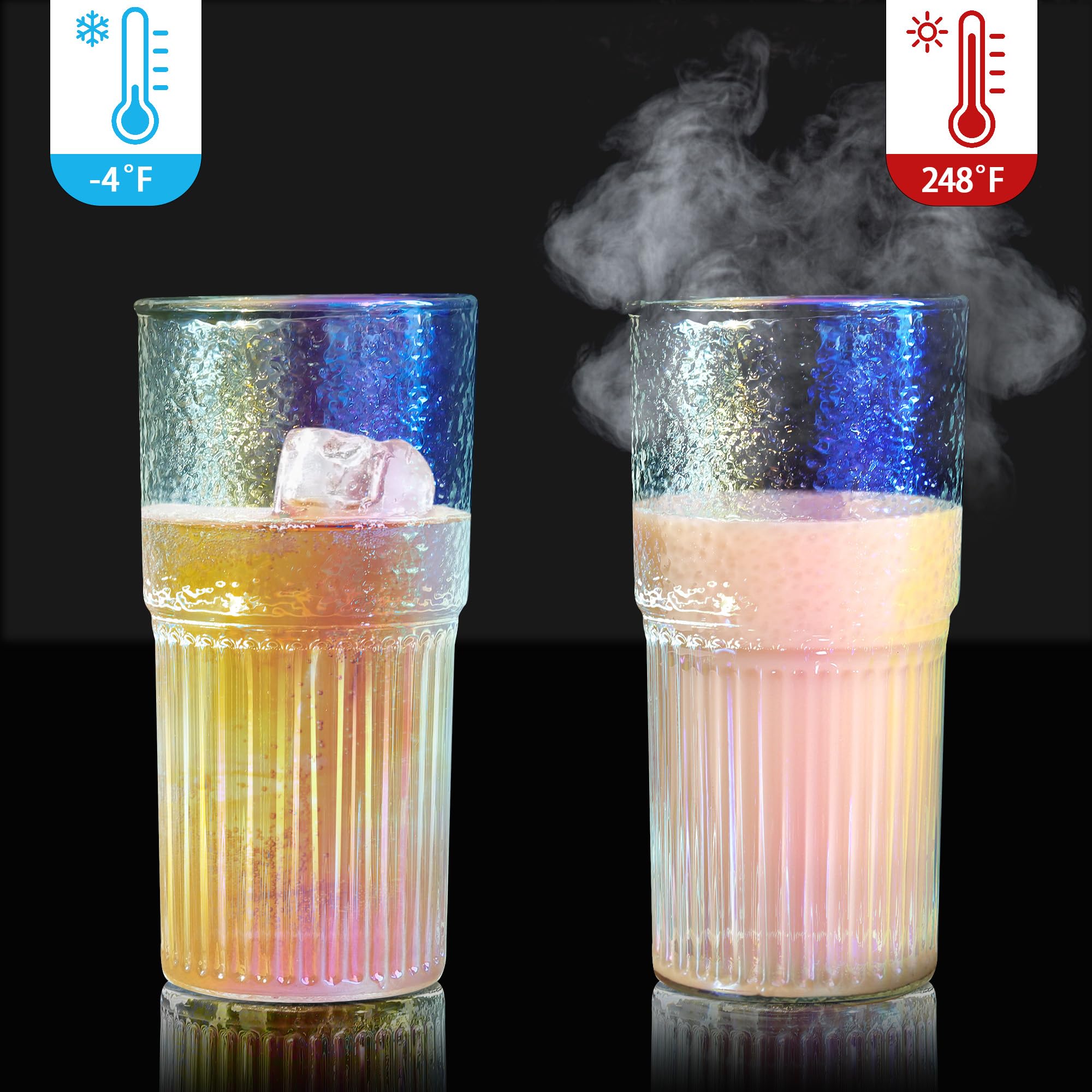 Joeyan 22 oz Iridescent Glass Tumbler with Straw and Lid for Iced Tea Coffee Smoothie Water Juice Beverages Soda,Ribbed Glasses Cups,Borosilicate Drinking Jar,Set of 2
