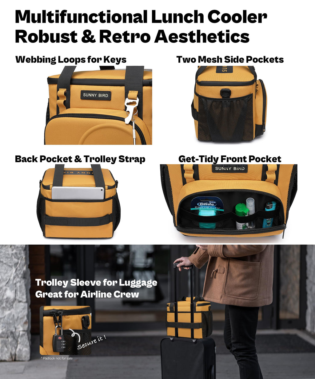 SUNNY BIRD 12L Large Insulated Lunch Bag, Leakproof and Foldable Lunch Cooler Box for Women Adult and Men, Fits 18 Cans (Ochre 01)
