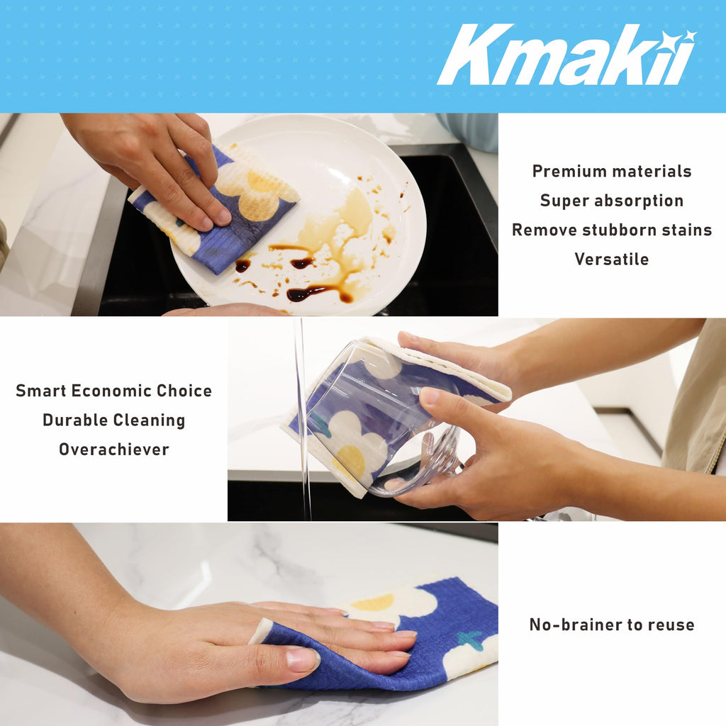 KMAKII 10 Pack Swedish Dishcloths - Black & White - Cellulose Sponge Cloths Reusable Cleaning Cloths Absorbent Dish Cloth Quick Drying for Kitchen and Cleaning Counters