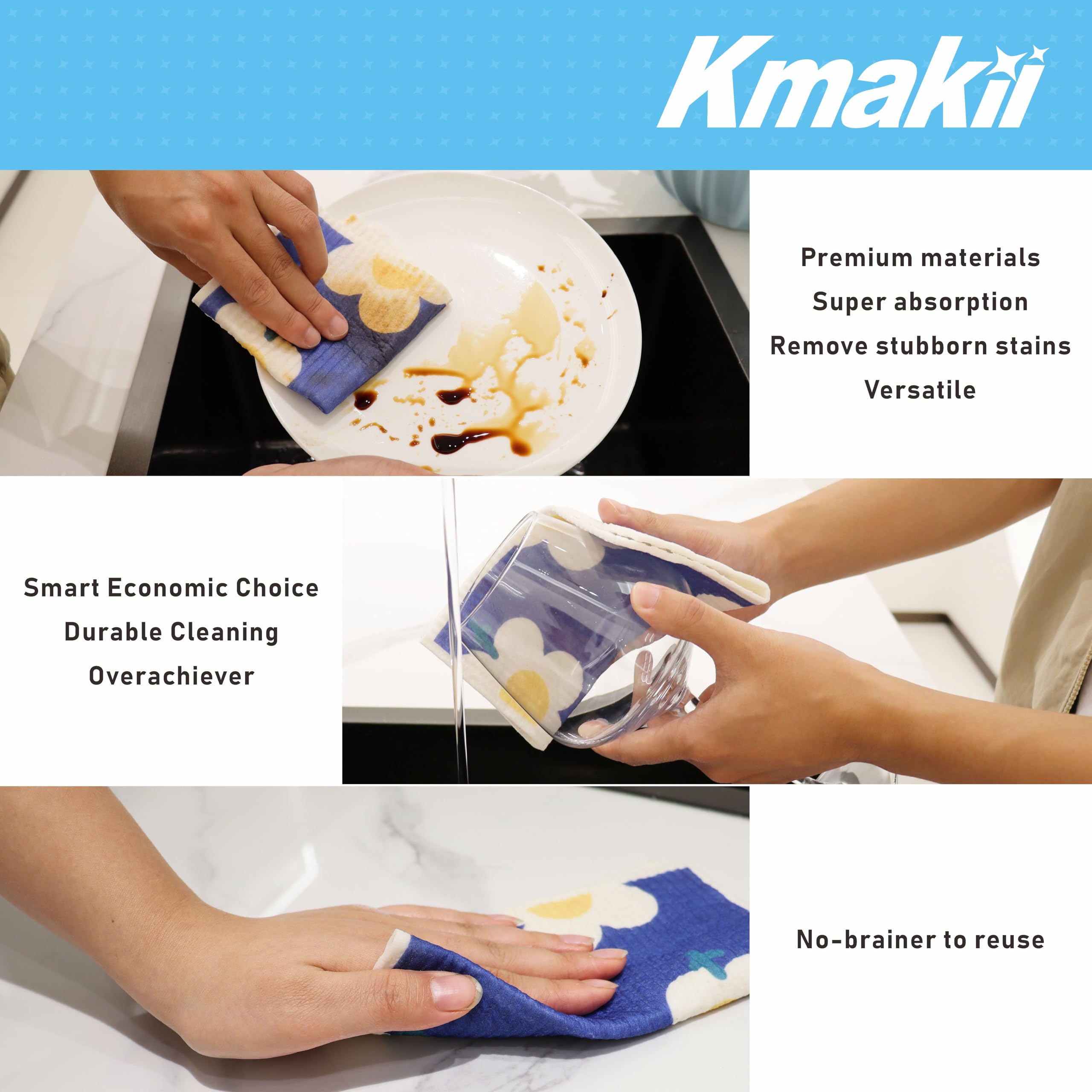 KMAKII 10 Pack Swedish Dishcloths - Black & White - Cellulose Sponge Cloths Reusable Cleaning Cloths Absorbent Dish Cloth Quick Drying for Kitchen and Cleaning Counters
