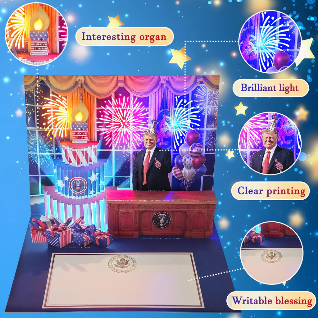 3D Pop-Up Birthday Card with Music & Light – President’s Voice Funny Greeting, Happy Birthday Song & Blow-Out Candle Effect – Unique Gift for Him & Her