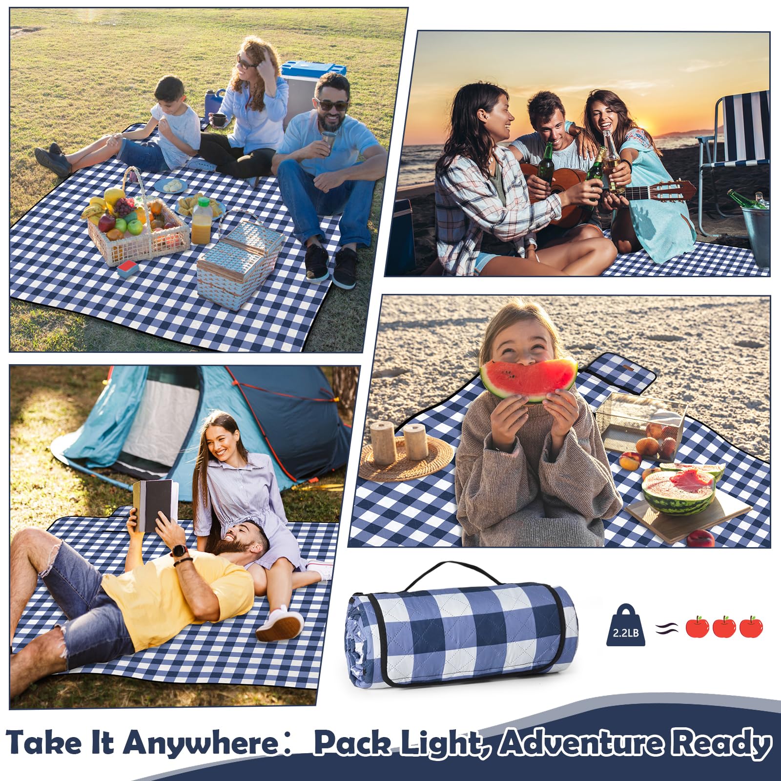 Ergohortus Picnic Blanket Waterproof, Extra Large Picnic Mat 79"X79", Sandproof Washable Camping Beach Blanket, Camping Accessories for Outdoor Activities, Blue